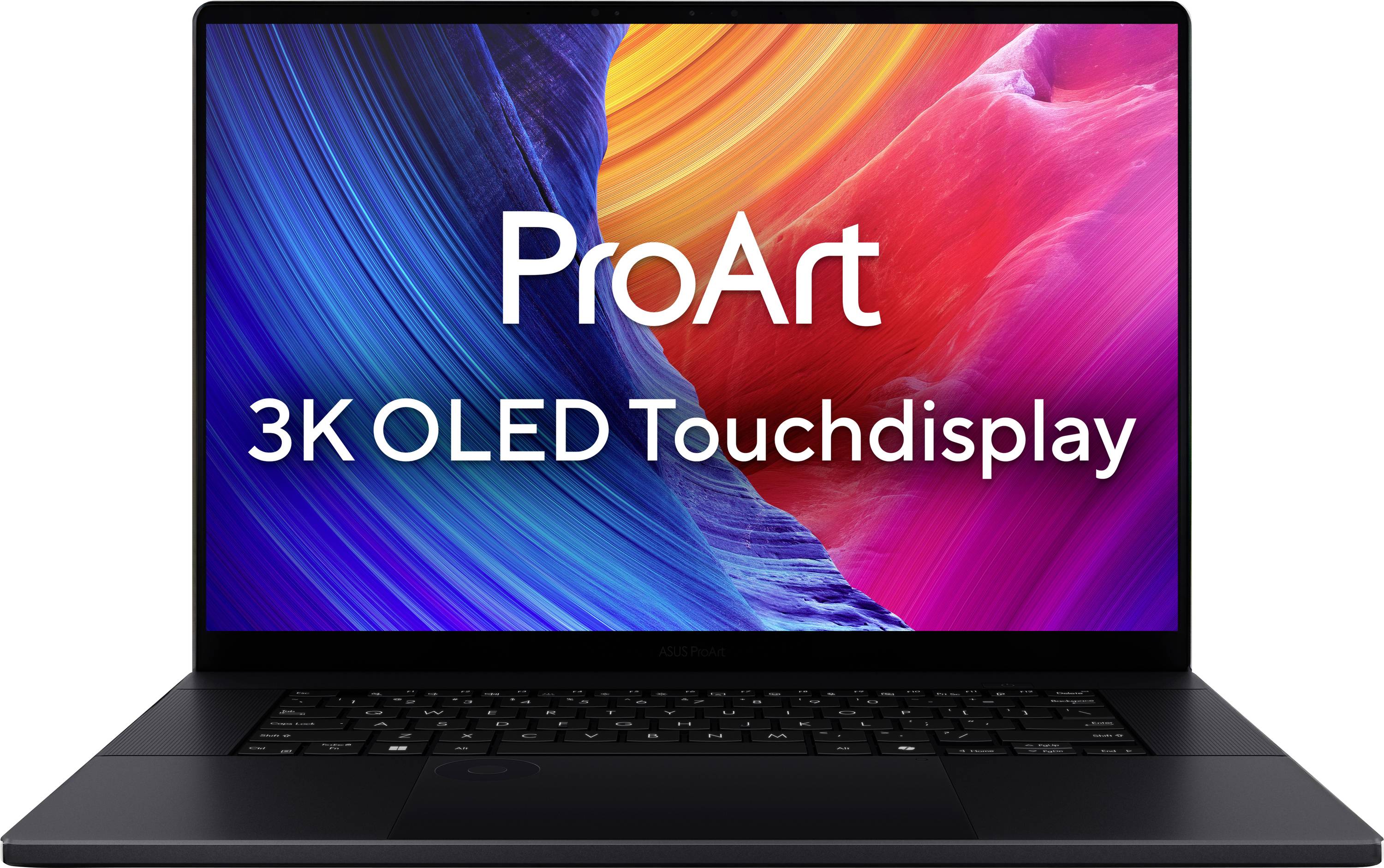 Laptop mit 'ProArt 3K OLED-Touchdisplay' auf dem Bildschirm, der lebendige abstrakte Farben präsentiert.