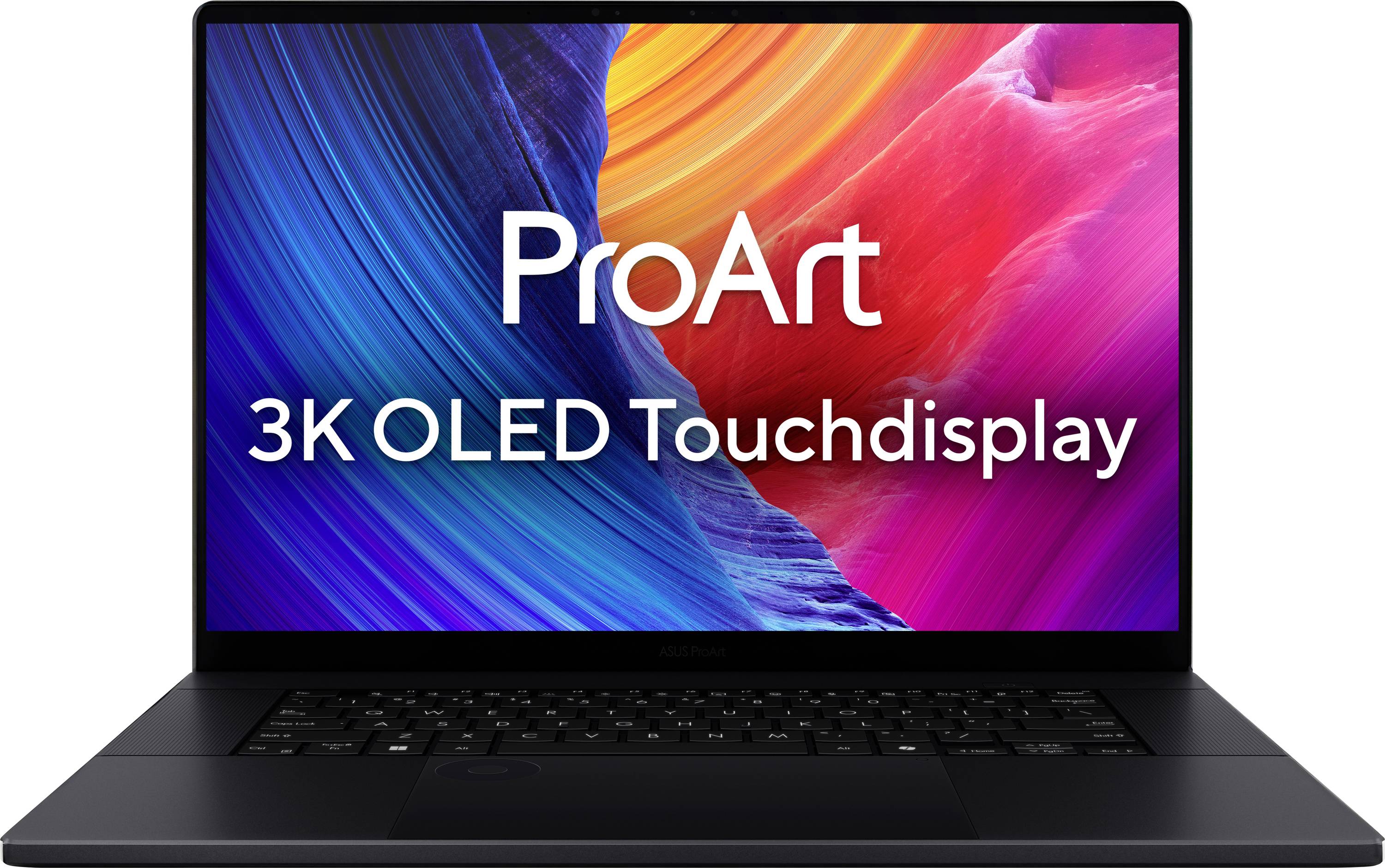 Ein Laptop mit einem lebendigen 3K-OLED-Touchdisplay, auf dem abstrakte Kunst in leuchtenden Farben zu sehen ist. Der Bildschirm zeigt den Text ‚ProArt 3K OLED Touchdisplay'.