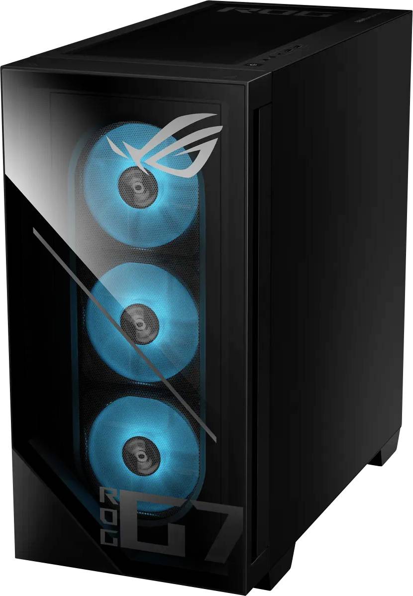 Ein schwarzer Computer-Tower mit drei beleuchteten blauen Lüftern, die durch ein transparentes Frontpanel sichtbar sind, mit einem Logo an der Oberseite.
