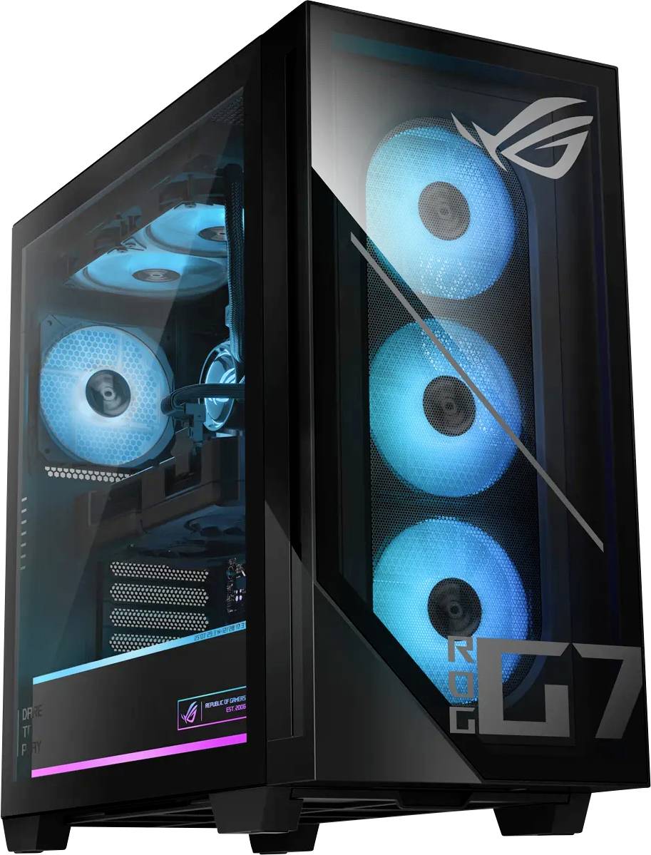 Ein Gaming-Desktop-Gehäuse mit transparenter Seitenscheibe, auf der blaue LED-Lüfter und Komponenten sichtbar sind, mit dem ROG-Logo an der Vorderseite.