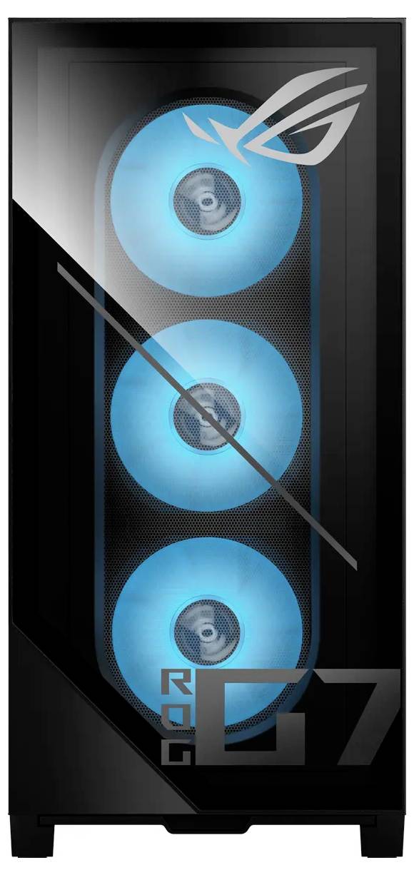 Ein schwarzer Computer-Tower mit drei blau beleuchteten Lüftern, die durch ein transparentes Frontpanel sichtbar sind, mit einem Logo in der oberen rechten Ecke.
