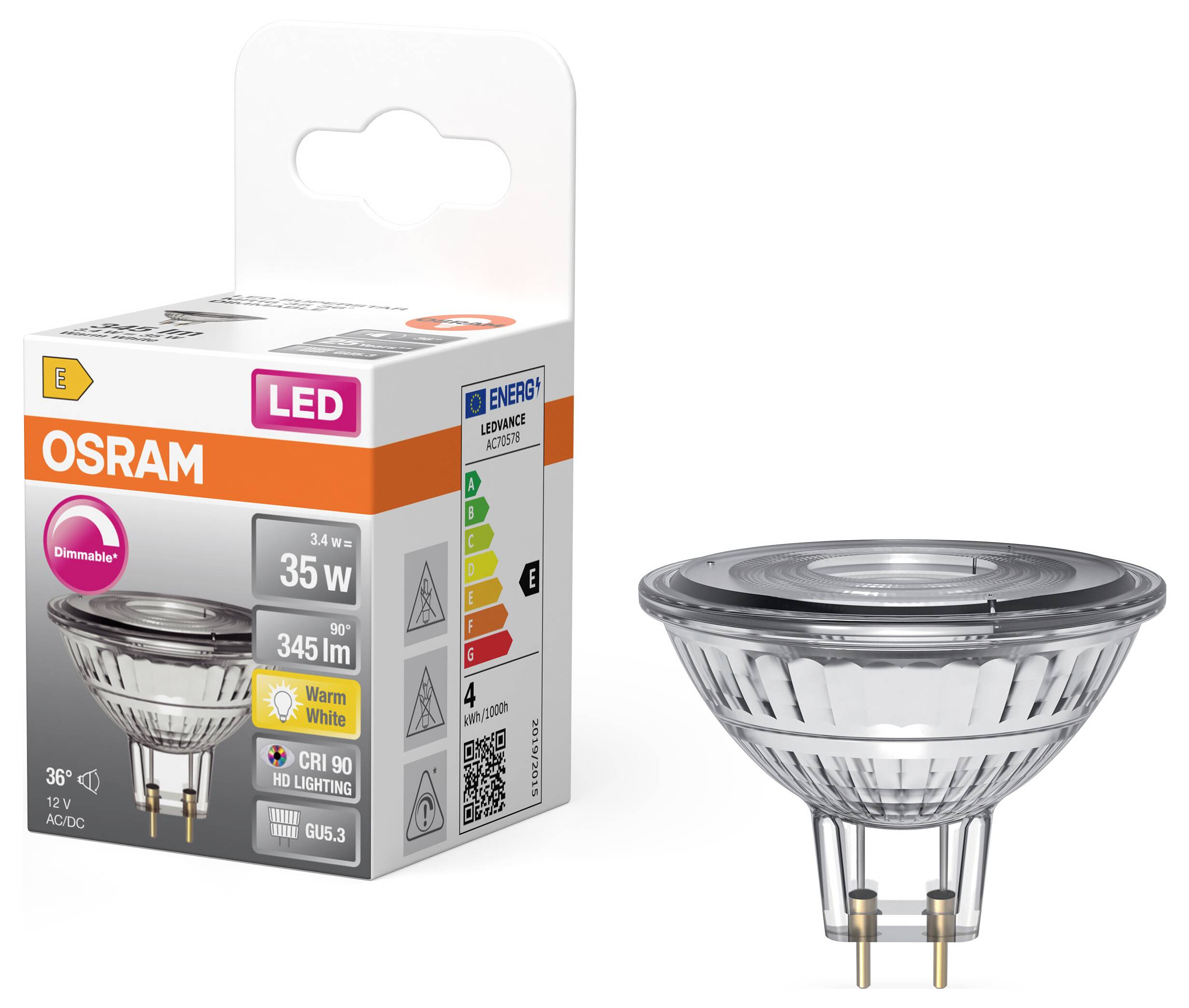 OSRAM HOMELIGHTING 4099854457012 LED-Reflektorlampe EEK E (A - G) GU5.3 3.4W Warmweiß (Ø x H) 50.00mm x 50.00mm 1St.