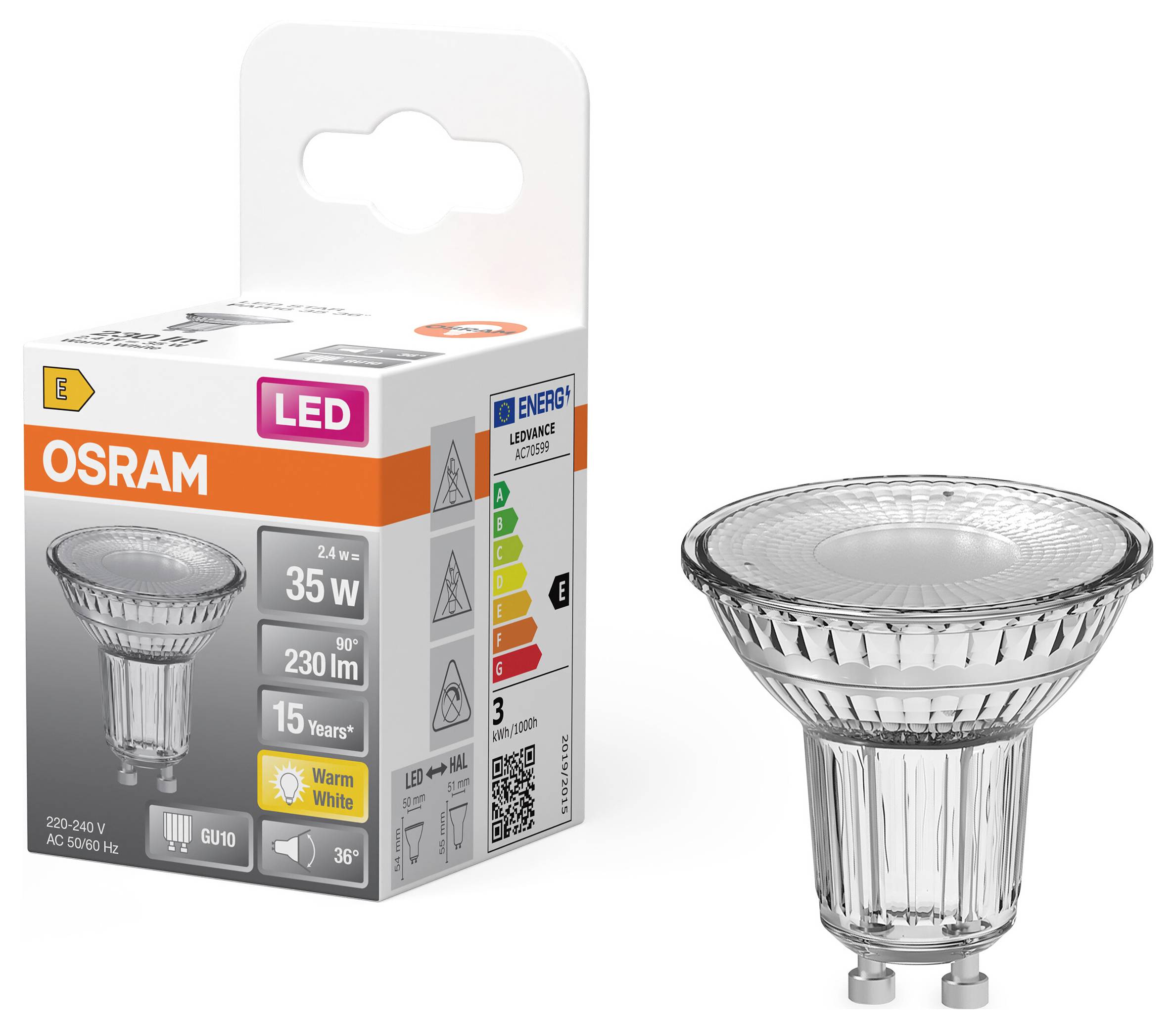 OSRAM HOMELIGHTING 4099854458484 LED-Reflektorlampe EEK E (A - G) GU10 2.4W Warmweiß (Ø x H) 50.00mm x 50.00mm 1St.