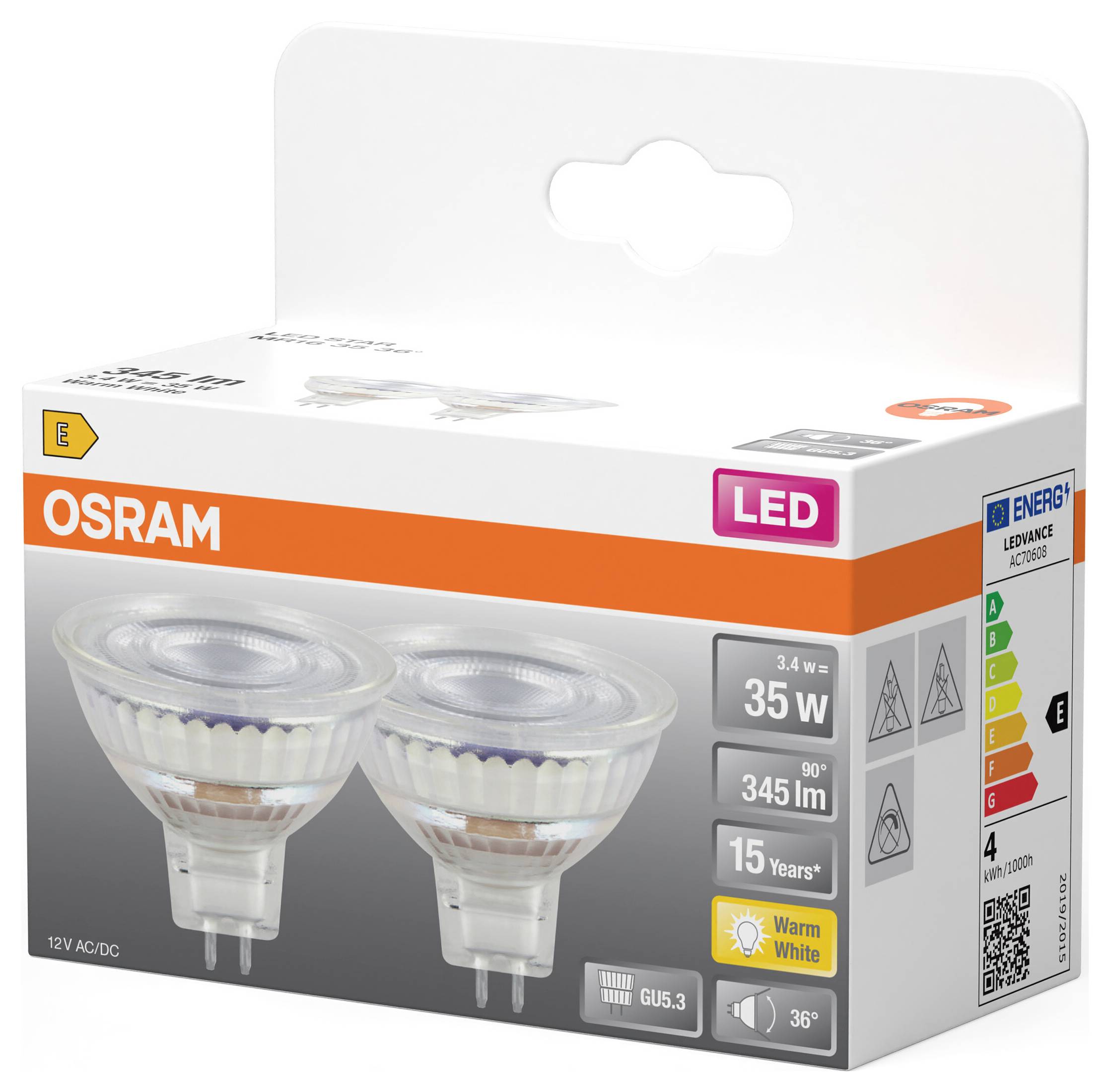 OSRAM HOMELIGHTING 4099854459658 LED-Reflektorlampe EEK E (A - G) GU5.3 3.4W Warmweiß (Ø x H) 50.00mm x 50.00mm 2St.