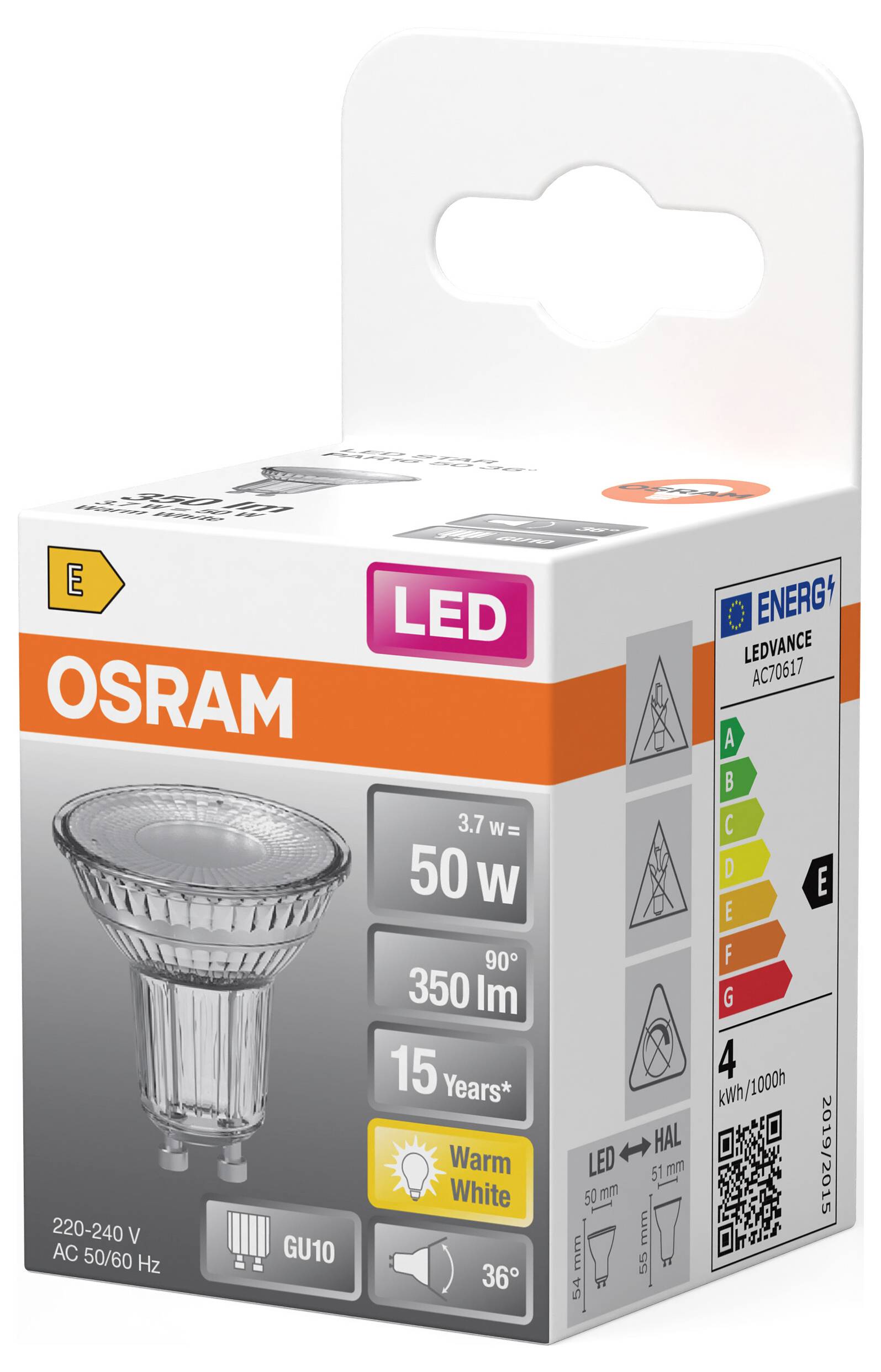OSRAM HOMELIGHTING 4099854458606 LED-Reflektorlampe EEK E (A - G) GU10 3.7W Warmweiß (Ø x H) 50.00mm x 50.00mm 1St.