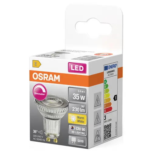 OSRAM HOMELIGHTING 4099854457036 LED-Reflektorlampe EEK E (A - G) GU10 2.4W Warmweiß (Ø x H) 50.00mm x 50.00mm 1St. OSRAM HOMELIGHTING 4099854457036 LED-Reflektorlampe EEK E (A - G) GU10 2.4W Warmweiß (Ø x H) 50.00mm x 50.00mm 1St.