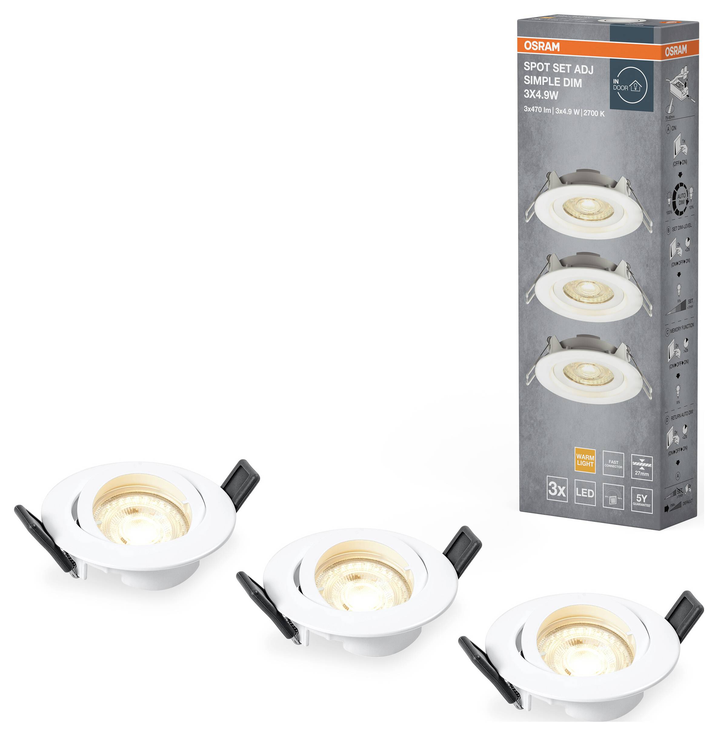 OSRAM HOMELIGHTING Spot Set Adj Simple Dim 3 x 4.9W 2700K White 4099854445842 LED-Außenwandleuchte 4.90W Weiß