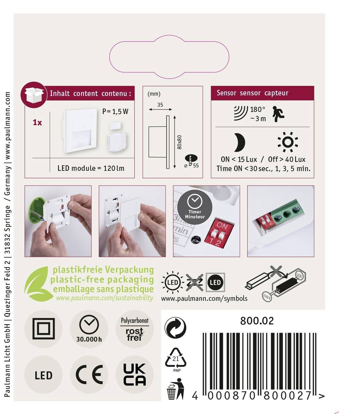 Paulmann 80002 LED Wandeinbauleuchte Tsaro eckig 80x36mm Wandeinbauleuchte LED 1W Weiß (matt)