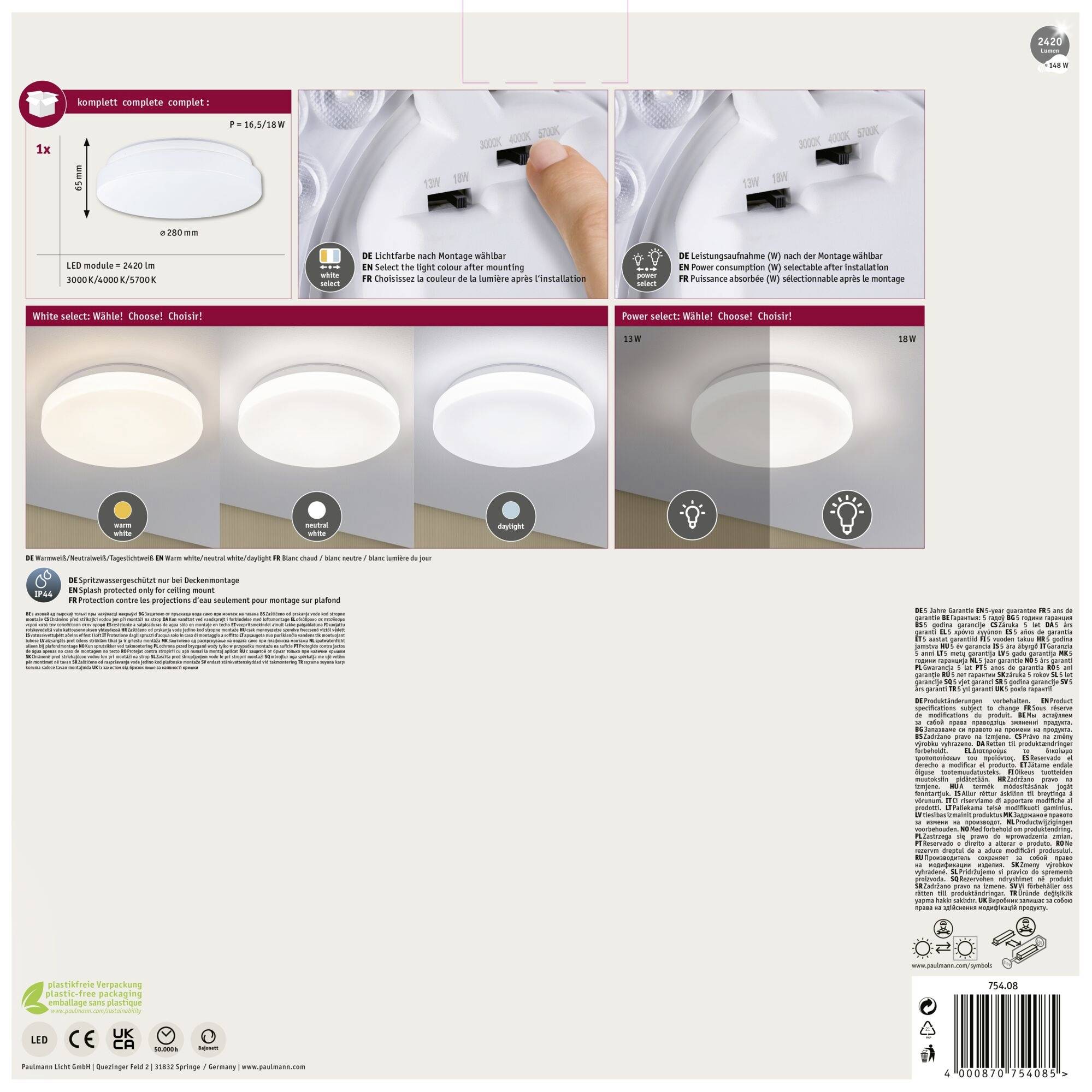 Paulmann 75408 Luiana IP44 3000 - 5700K 1750lm 230V 16,5W dimmbar Deckenleuchte LED 16.5W Weiß