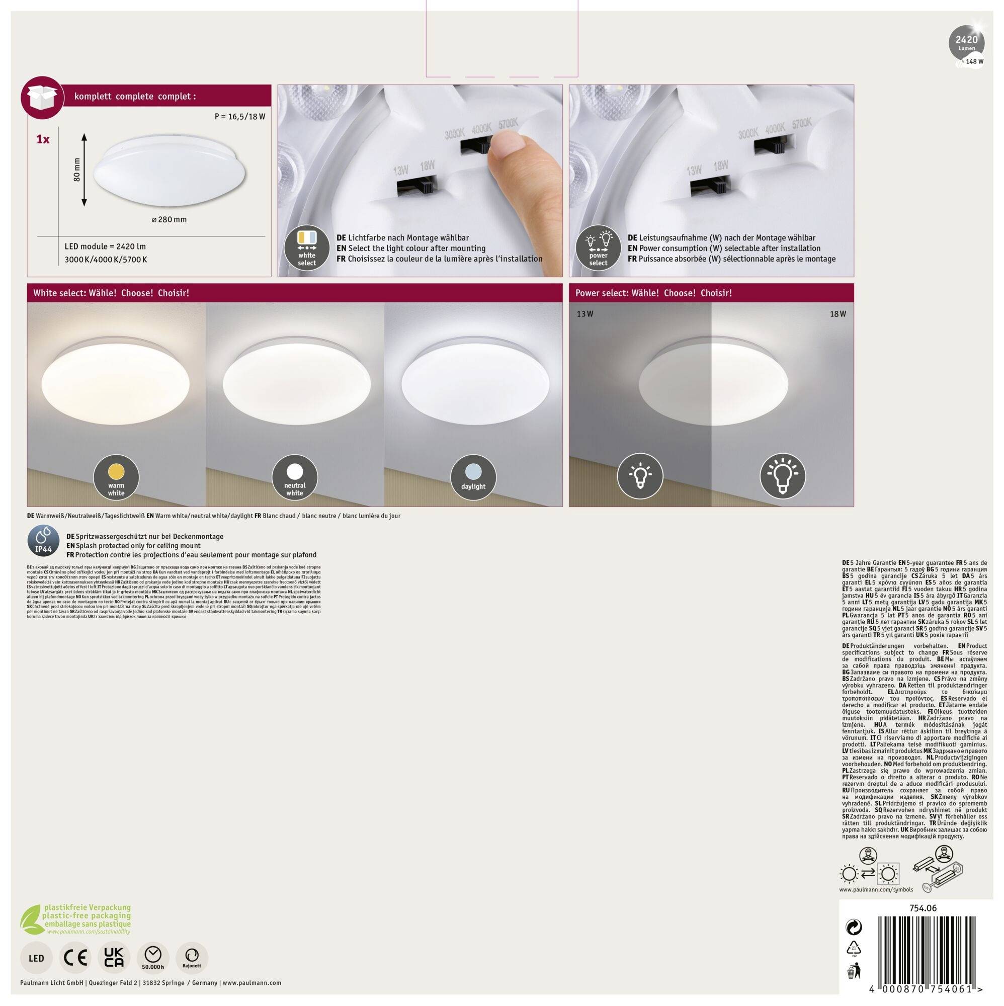 Paulmann 75406 Leonis II IP44 3000 - 5700K 1750lm 230V 16,5W dimmbar Deckenleuchte LED 16.5W Weiß