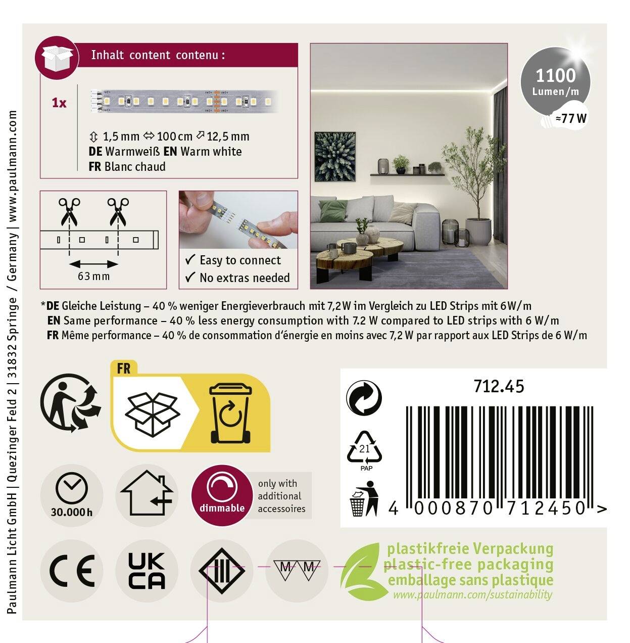 Paulmann MaxLED 1000 Erweiterung 71245 LED-Streifen mit Stecker 24 V/DC 1m Warmweiß 1St.