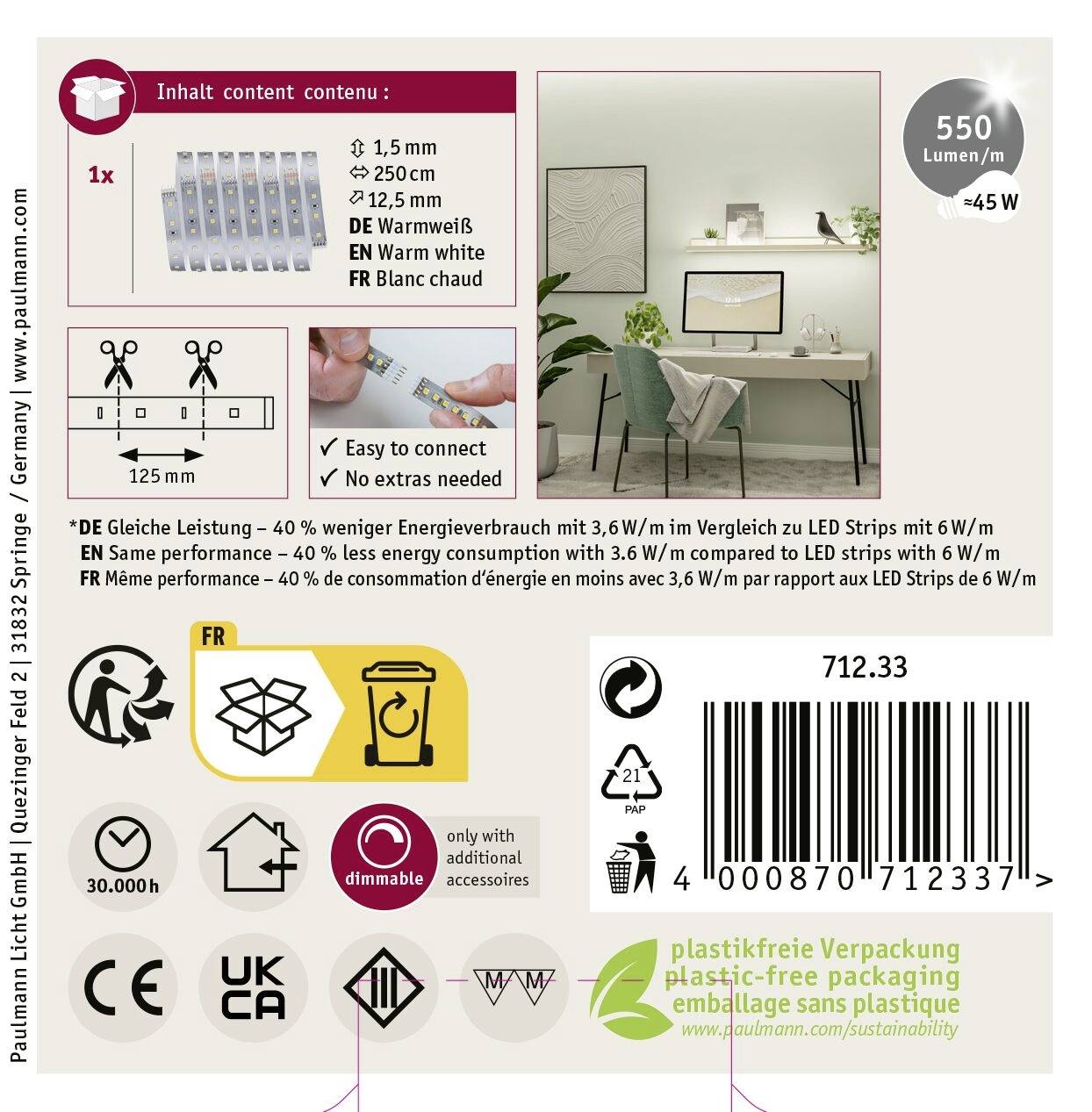 Paulmann LED Strip Erweiterung 2,5m Warmweiß 71233 LED-Streifen mit Stecker 24 V/DC 2.5mm Warmweiß 1St.