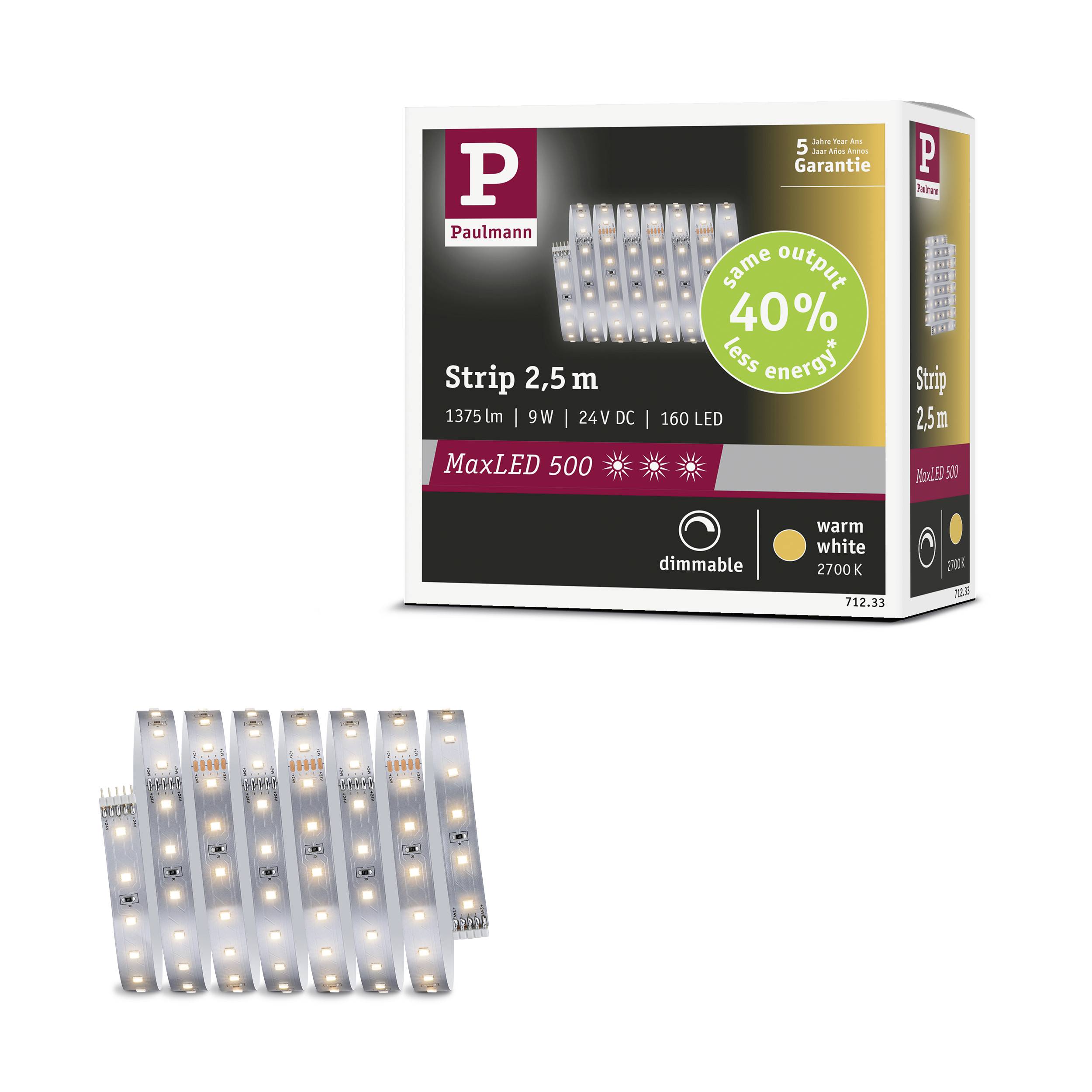 Paulmann LED Strip Erweiterung 2,5m Warmweiß 71233 LED-Streifen mit Stecker 24 V/DC 2.5mm Warmweiß 1St.