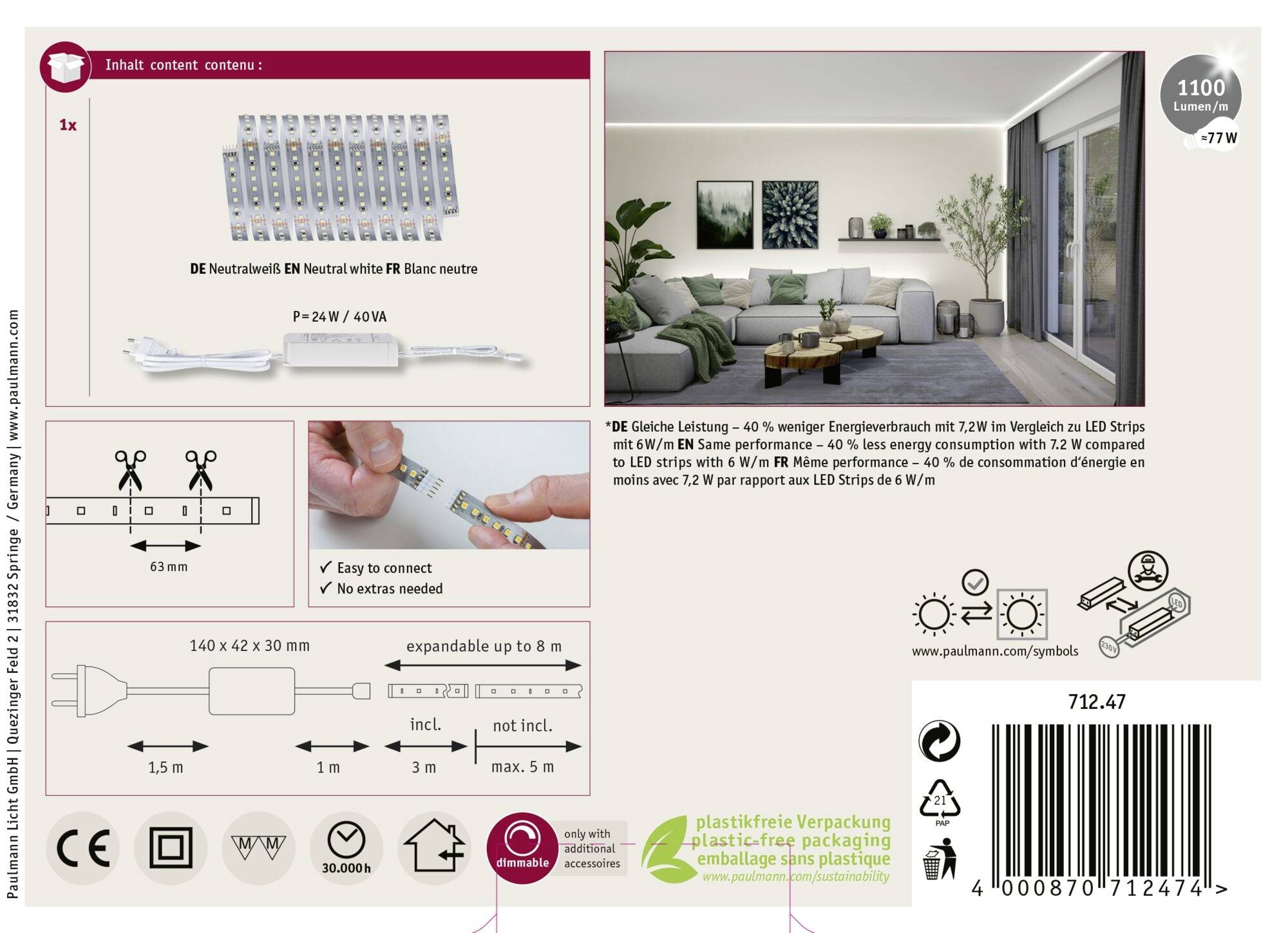 Paulmann MaxLED 1000 Basisset 71247 LED-Streifen-Basisset 230 3m Neutralweiß 1 Set