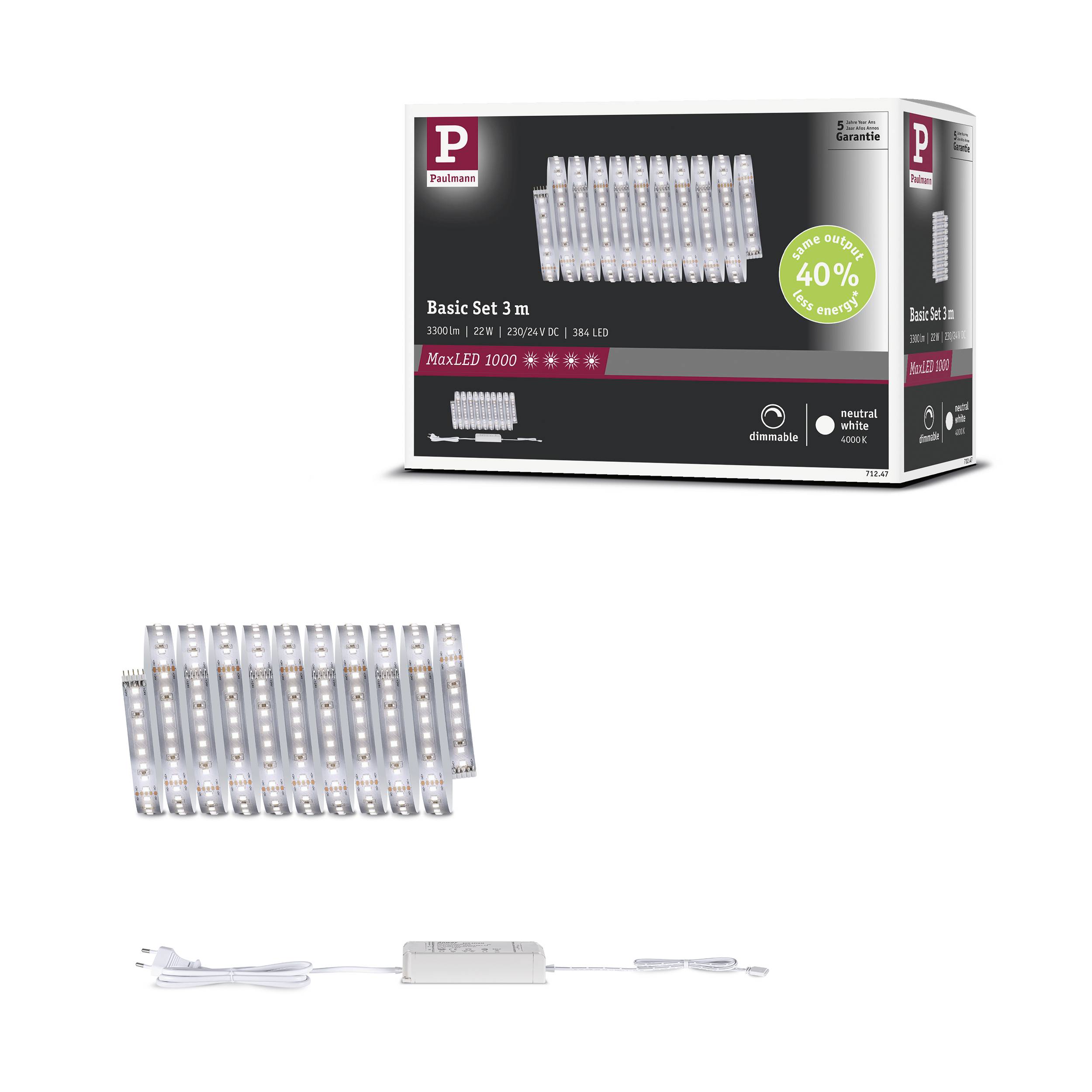 Paulmann MaxLED 1000 Basisset 71247 LED-Streifen-Basisset 230 3m Neutralweiß 1 Set