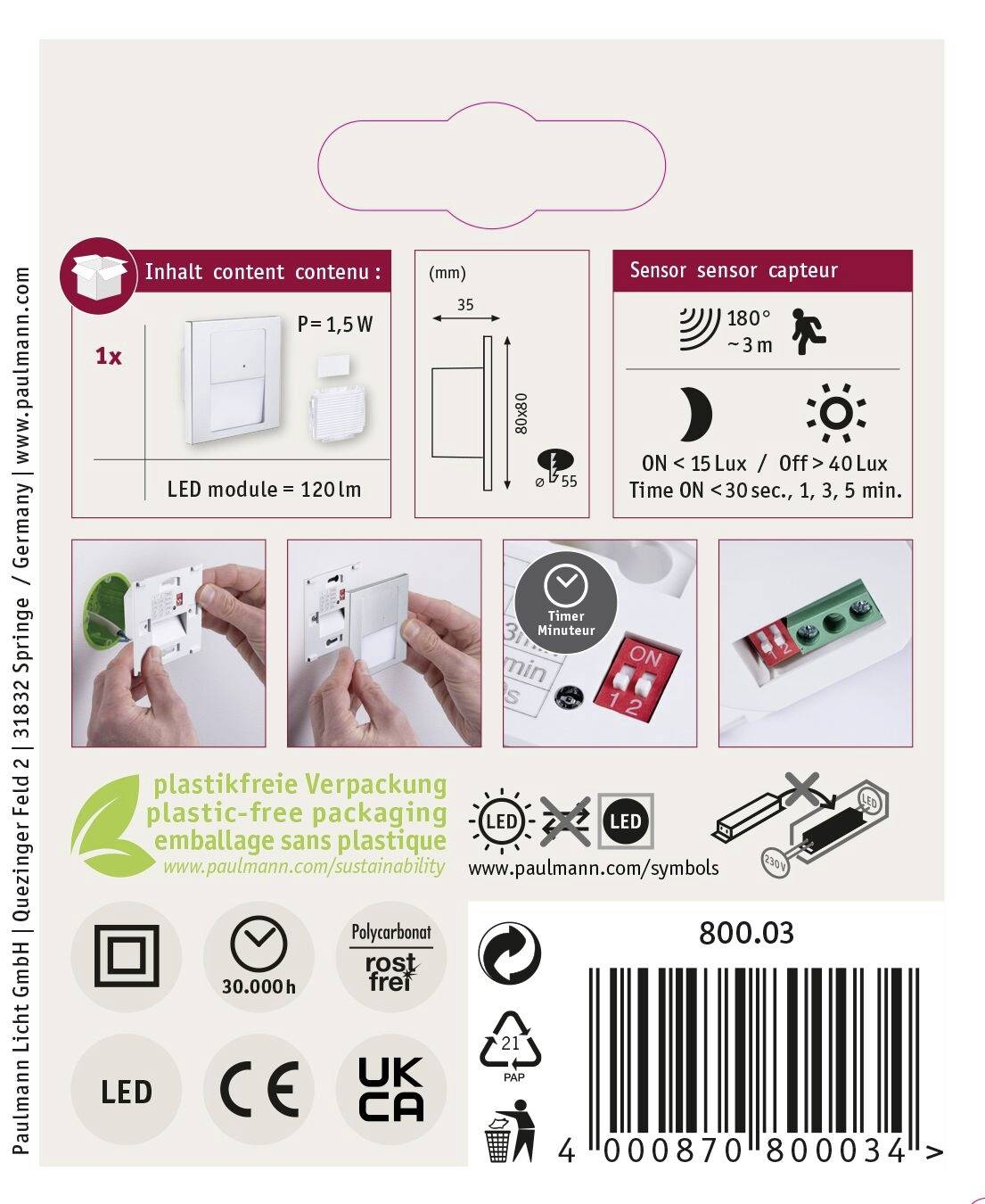 Paulmann 80003 Tsaro eckig 80x36mm 1W 80lm 230V 2700K Wandeinbauleuchte LED 1W Chrom (matt)