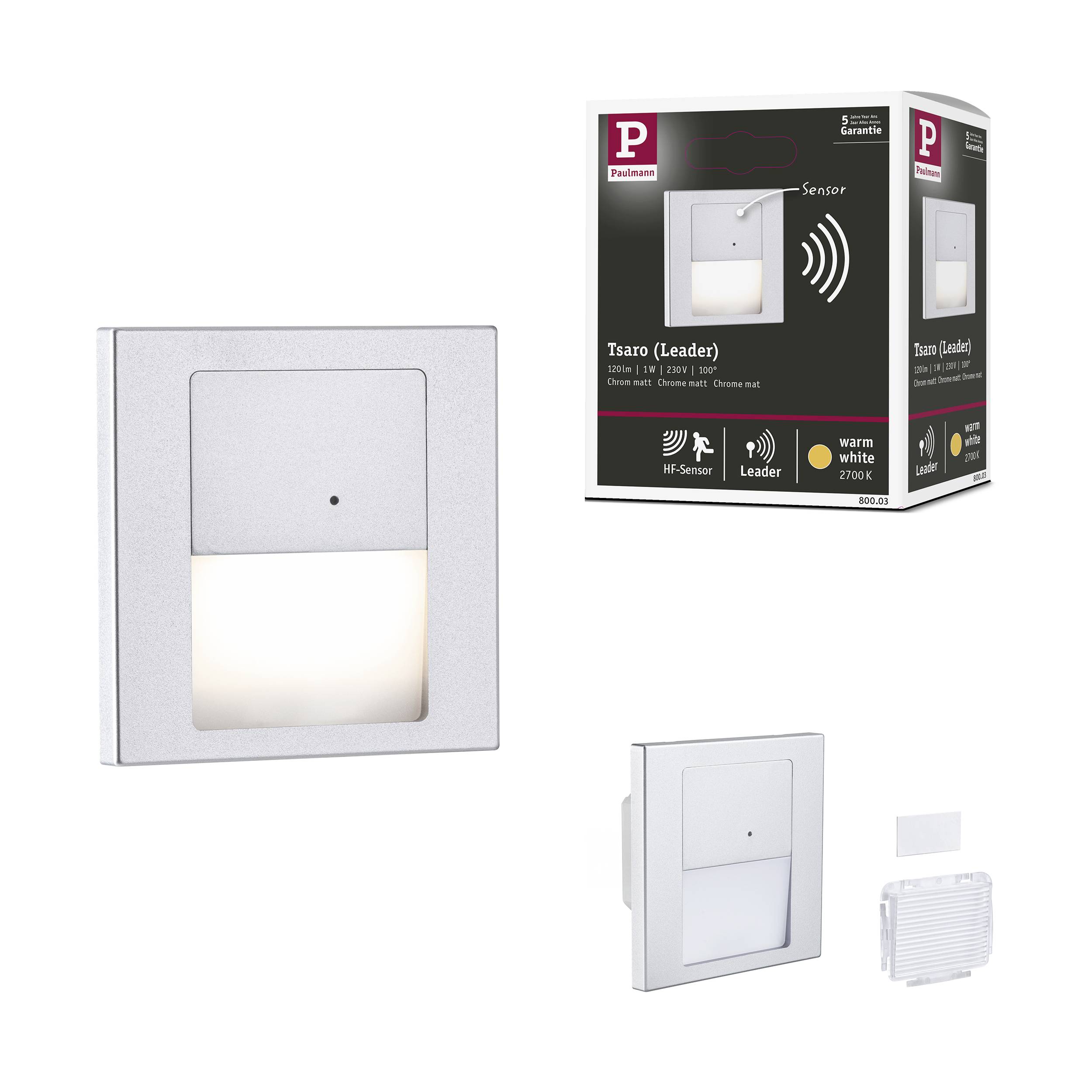 Paulmann 80003 Tsaro eckig 80x36mm 1W 80lm 230V 2700K Wandeinbauleuchte LED 1W Chrom (matt)