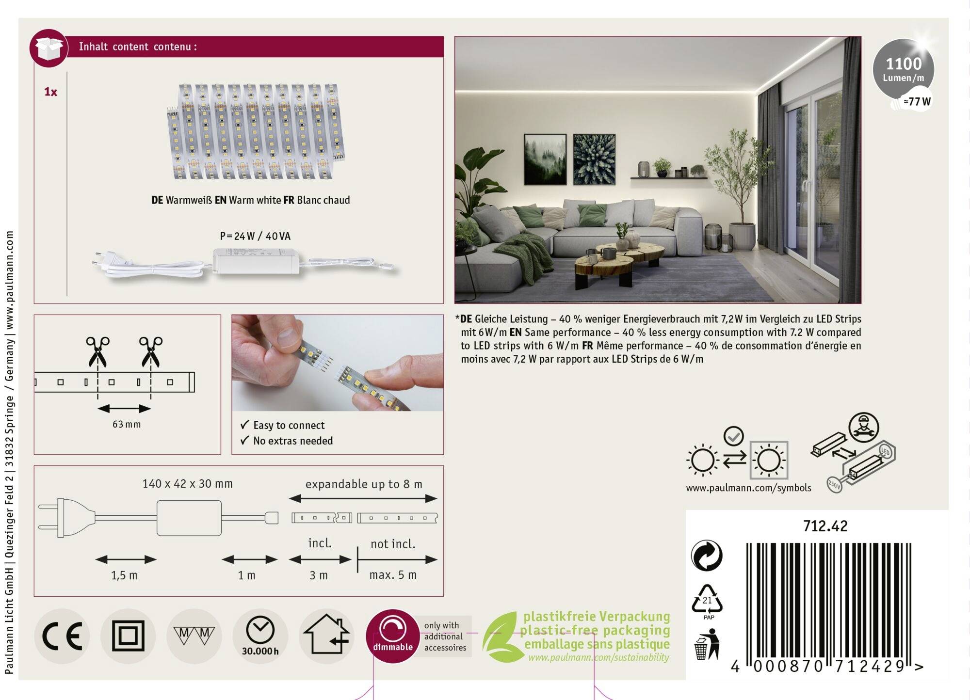 Paulmann LED Strip Basisset 71242 LED-Streifen 230V 3m Warmweiß 1 Set