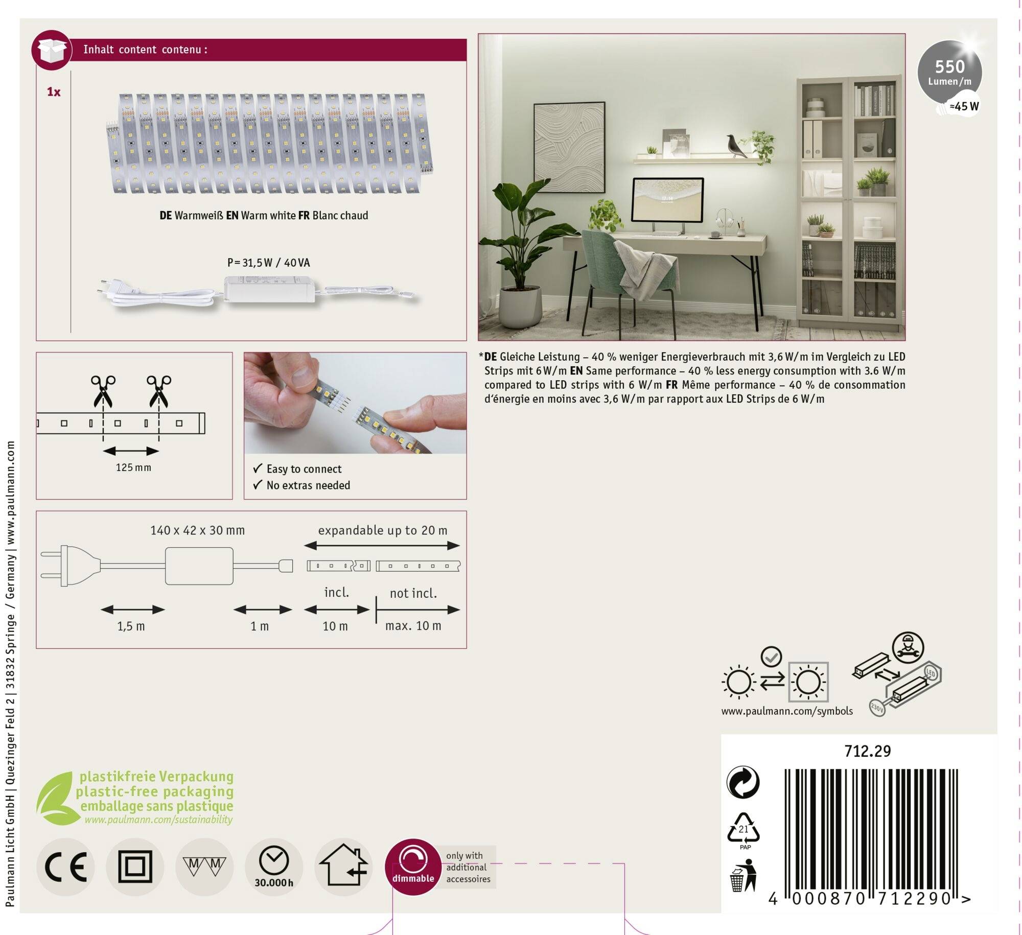 Paulmann MaxLED 500 Basisset 71229 LED-Streifen-Basisset 230V 10m Warmweiß 1 Set