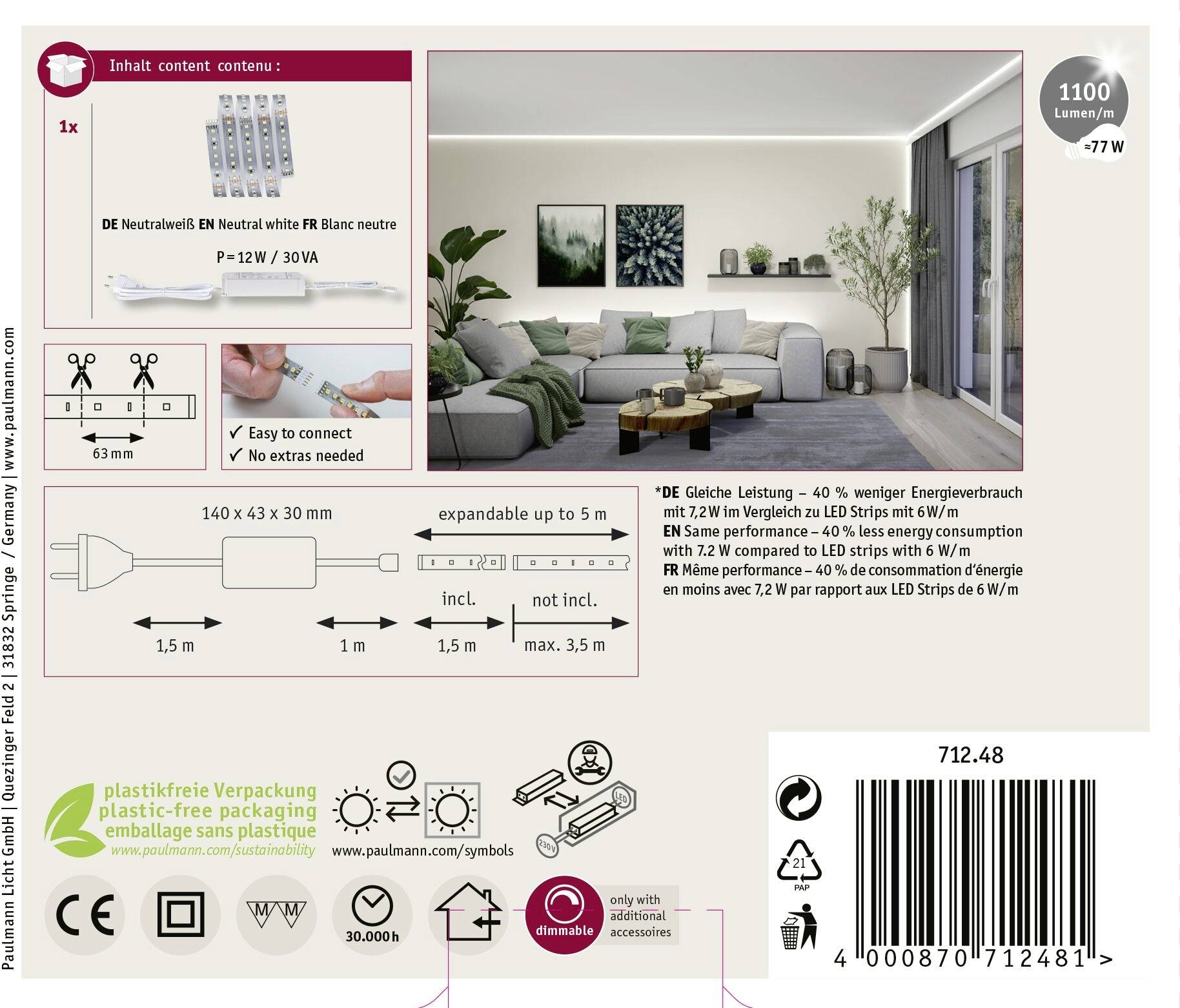 Paulmann MaxLED 1000 Basisset 71248 LED-Streifen-Basisset 230V 1.5m Neutralweiß 1 Set