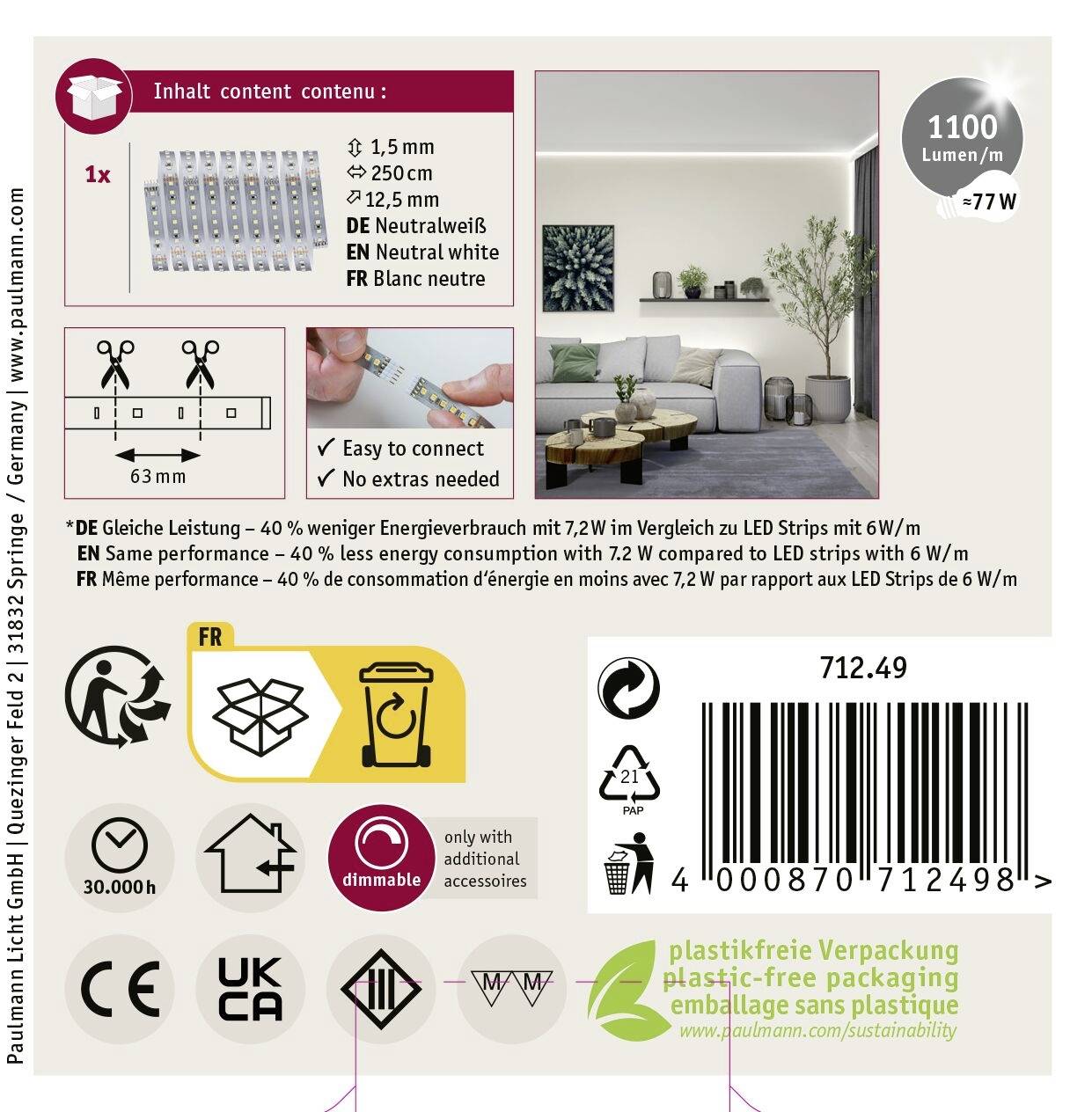 Paulmann MaxLED 1000 Stripe 71249 LED-Streifen 2.5m Neutralweiß 1St.