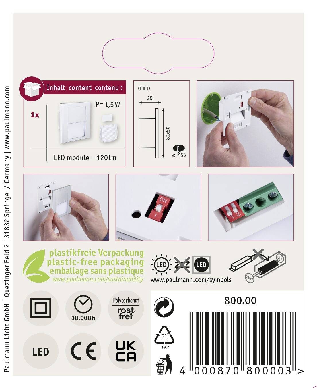 Paulmann 80000 LED Tsaro Wandeinbauleuchte LED 1W Chrom (matt)