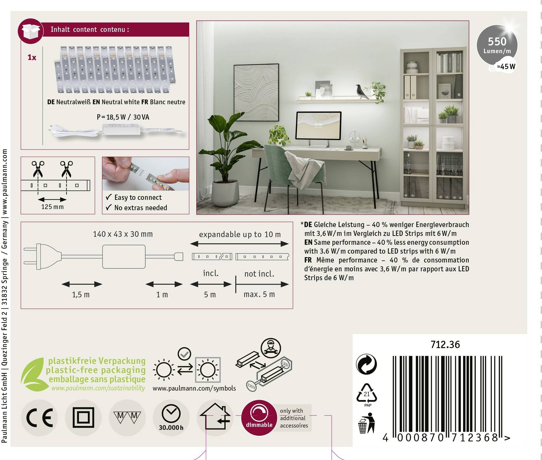 Paulmann MaxLED 500 71236 LED-Streifen-Basisset 230V 5m Neutralweiß 1 Set