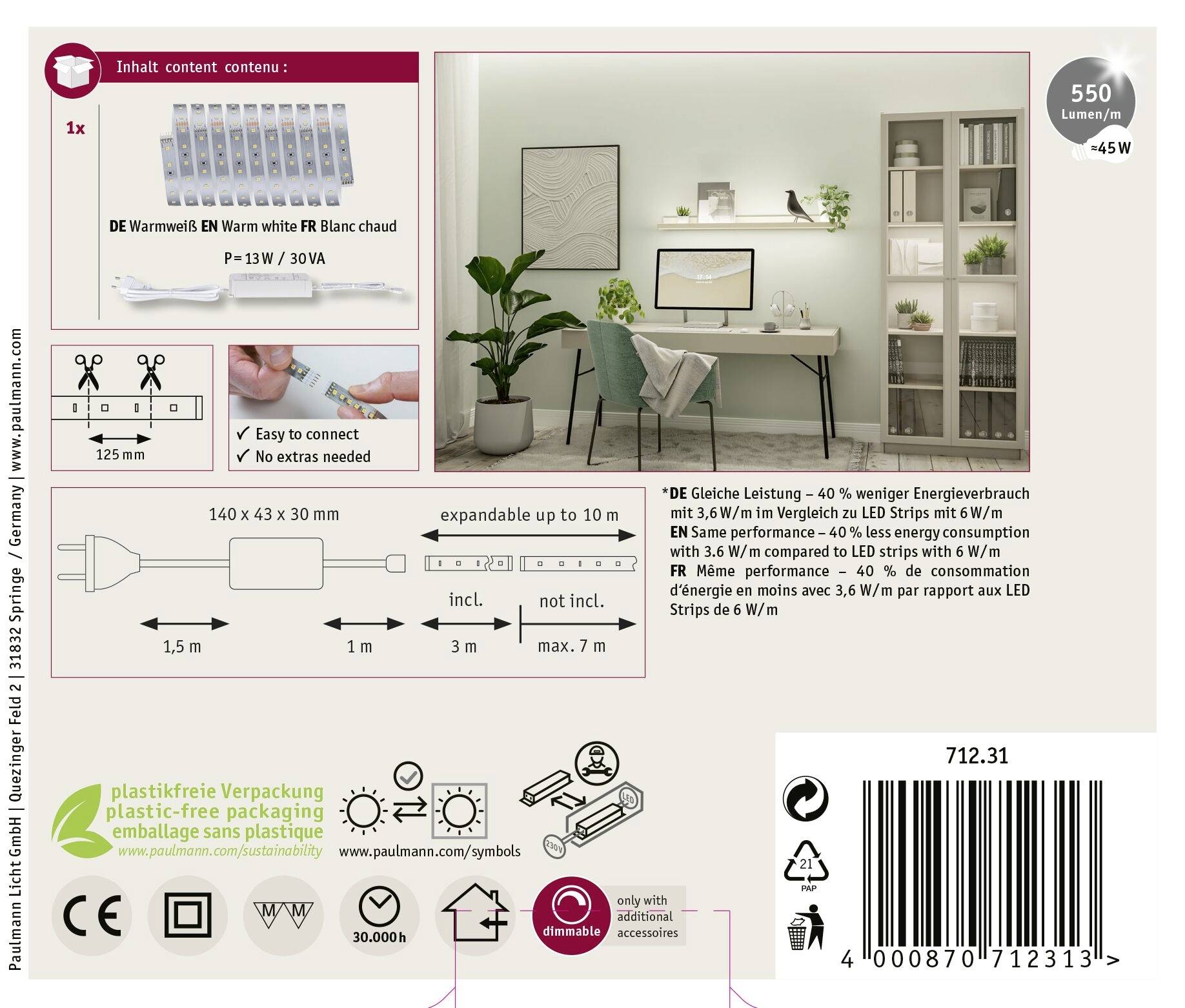 Paulmann MaxLED 500 71231 LED-Streifen-Basisset 230V 3m Warmweiß 1 Set