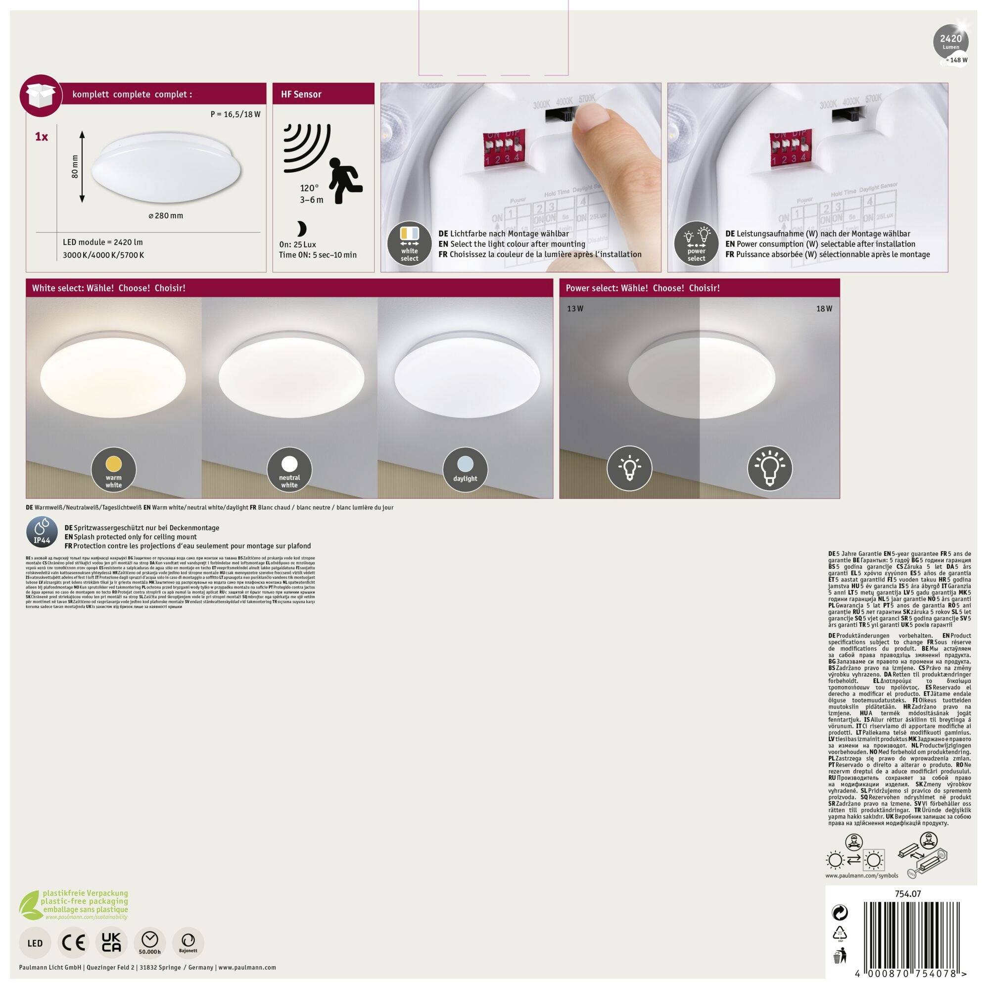 Paulmann 75407 Leonis II Dämmerungsgesteuerter Bewegungsmelder (HF) Deckenleuchte LED 16.5W Weiß