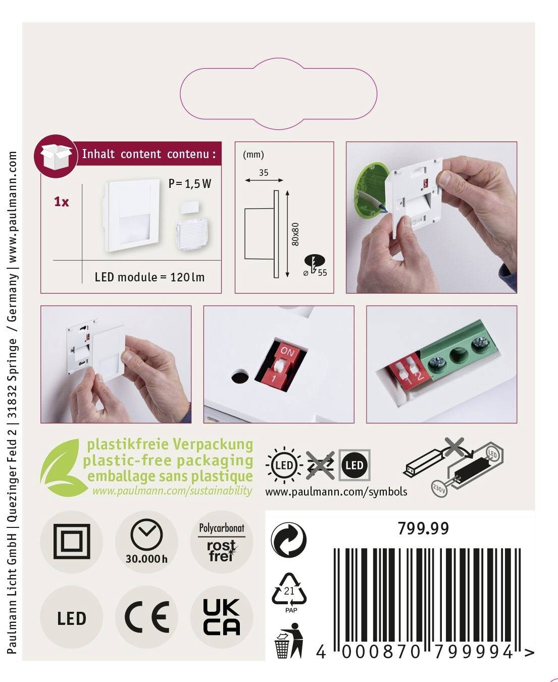 Paulmann 79999 Tsaro eckig 80x36mm Wandeinbauleuchte LED 1W Weiß (matt)