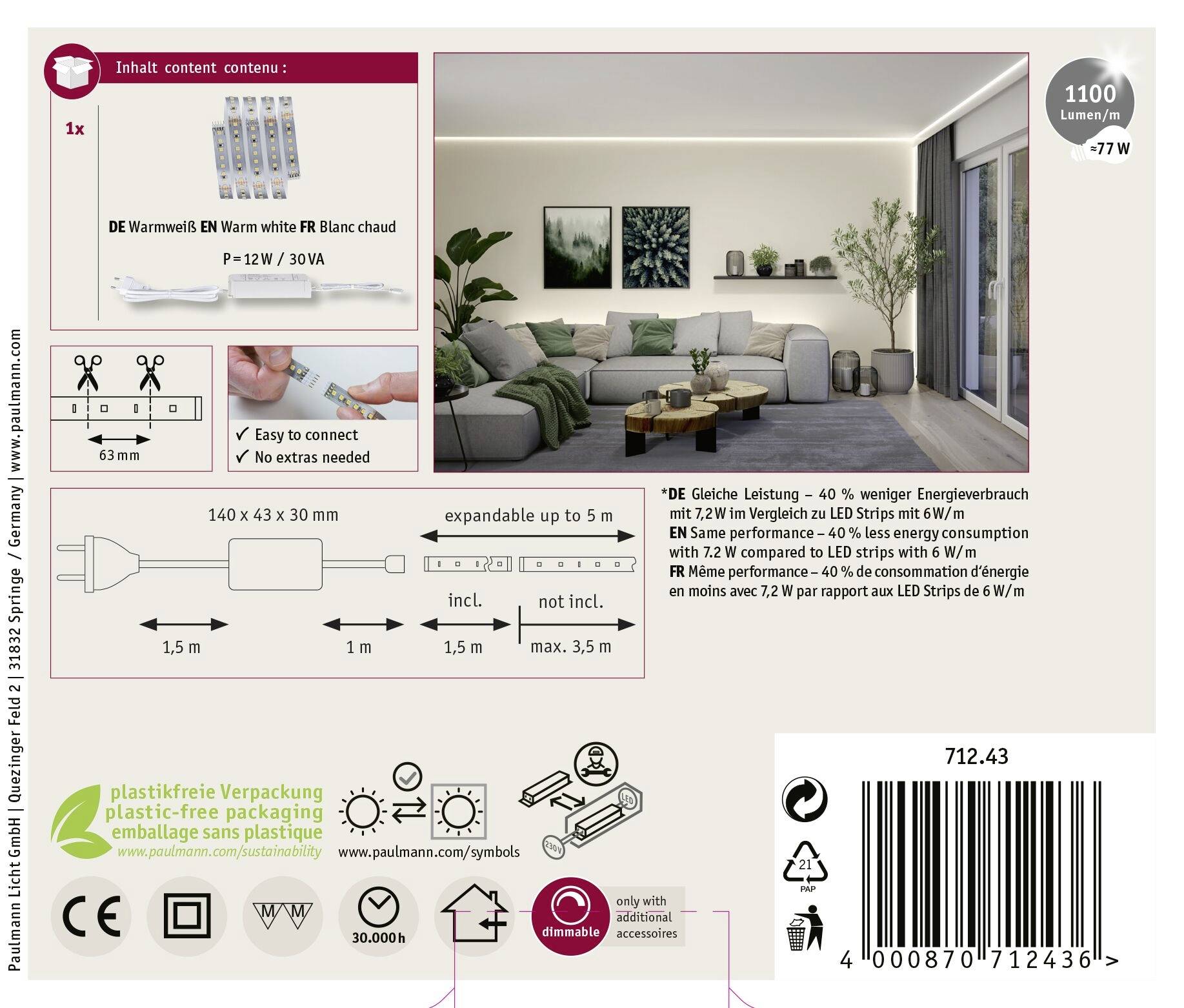 Paulmann MaxLED 1000 Basisset 71243 LED-Streifen-Basisset mit Stecker 230V 1.5m Warmweiß 1 Set