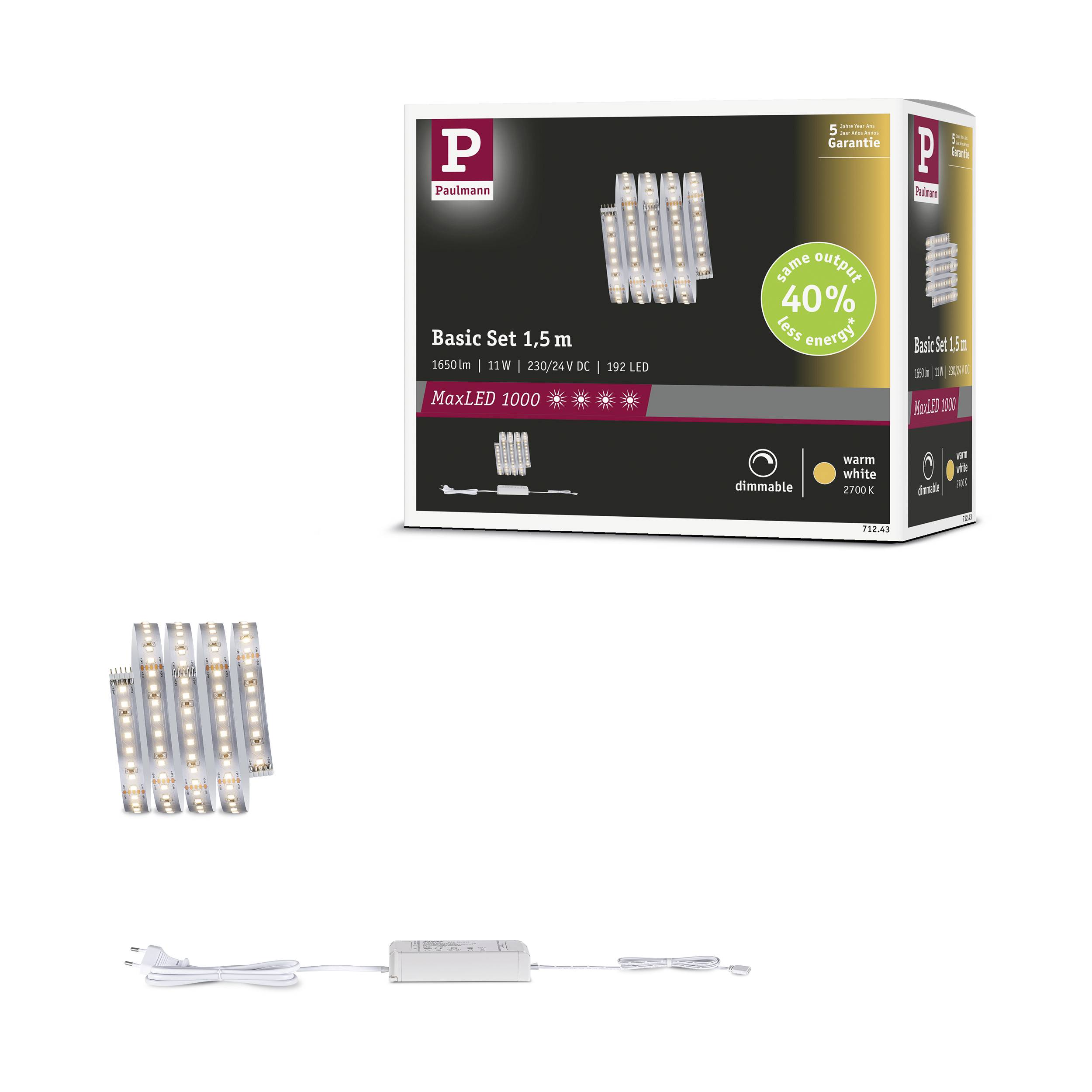Paulmann MaxLED 1000 Basisset 71243 LED-Streifen-Basisset mit Stecker 230V 1.5m Warmweiß 1 Set