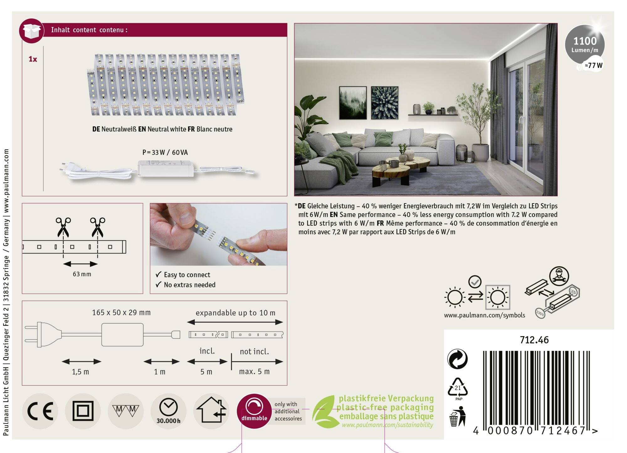 Paulmann MaxLED 1000 71246 LED-Streifen-Basisset 230V 5m Neutralweiß 1 Set