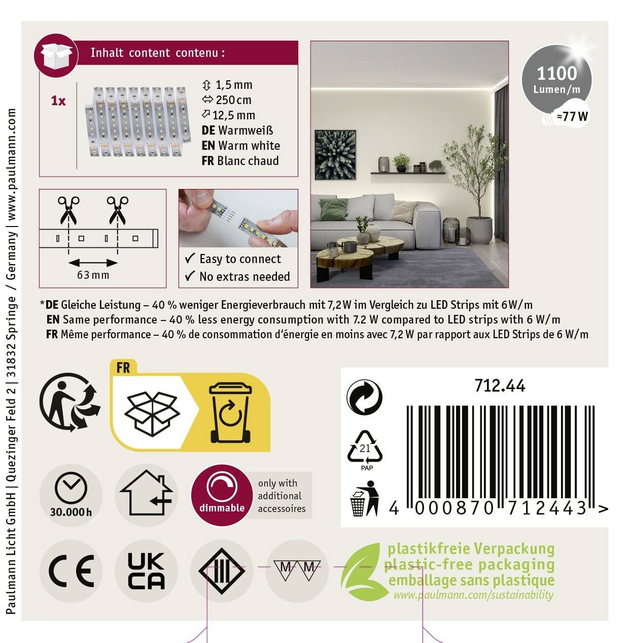 Paulmann MaxLED 1000 71244 LED-Streifen 2.5m Warmweiß 1St.