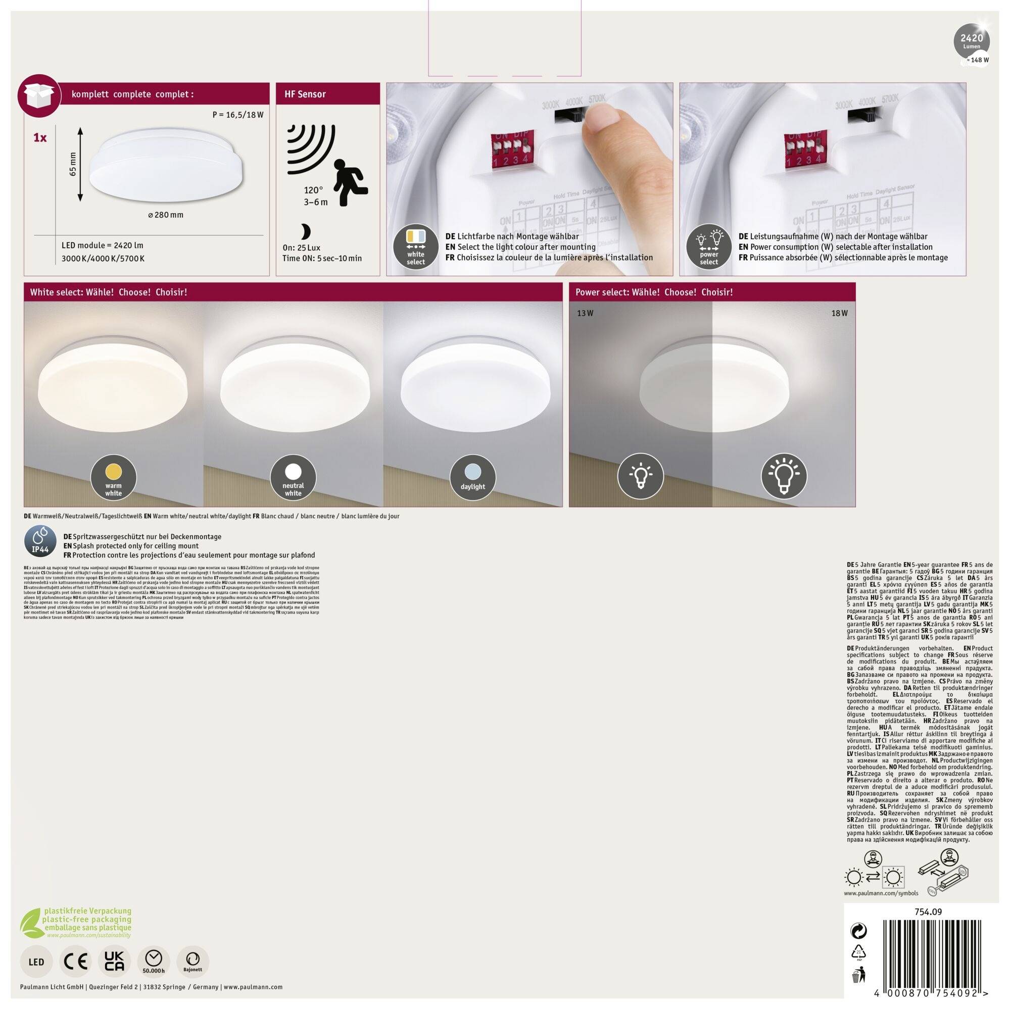 Paulmann 75409 Luiana Dämmerungsgesteuerter Bewegungsmelder (HF) Deckenleuchte LED 16.5W Weiß