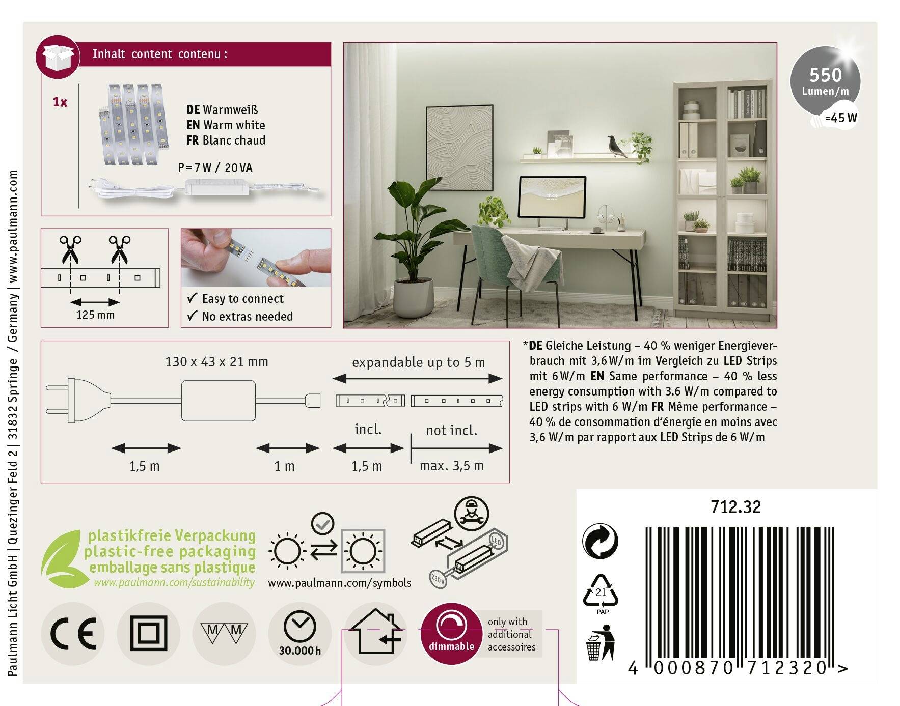 Paulmann MaxLED 500 71232 LED-Streifen-Basisset mit Stecker 230 V, 24 V/DC 1.5m Warmweiß 1 Set