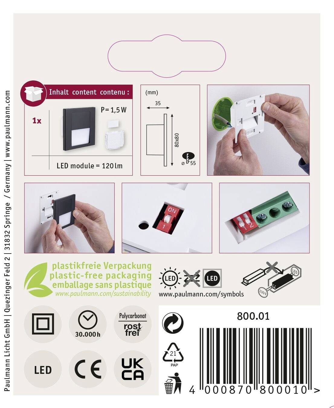 Paulmann 80001 Tsaro eckig 80x36mm Wandeinbauleuchte LED 1W Schwarz (matt)