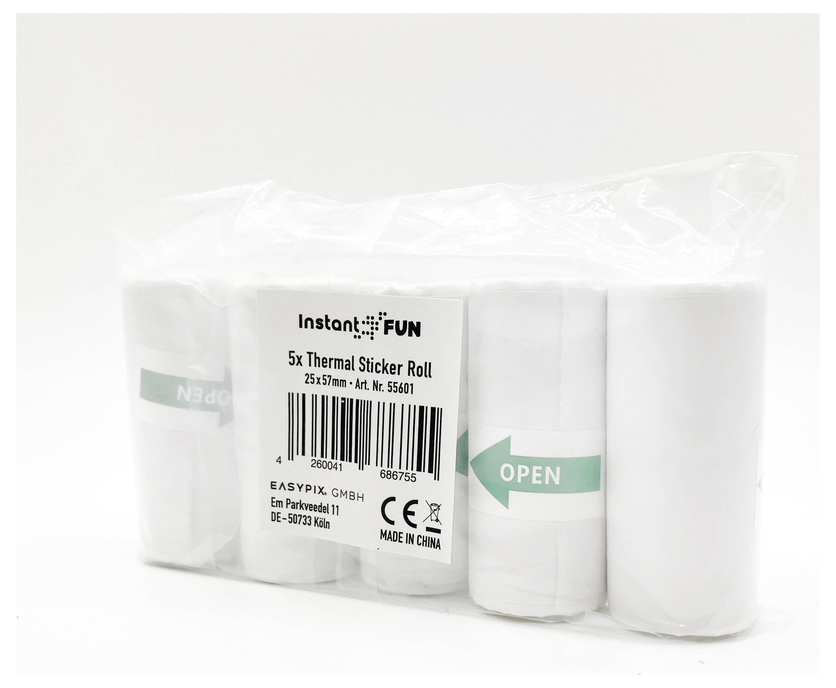 Easypix Sticker Thermopapierrollen Weiß für InstantFUN - 5 Stück Thermo-Bonrolle 55601 Breite: 25mm Länge: 57mm 5St.