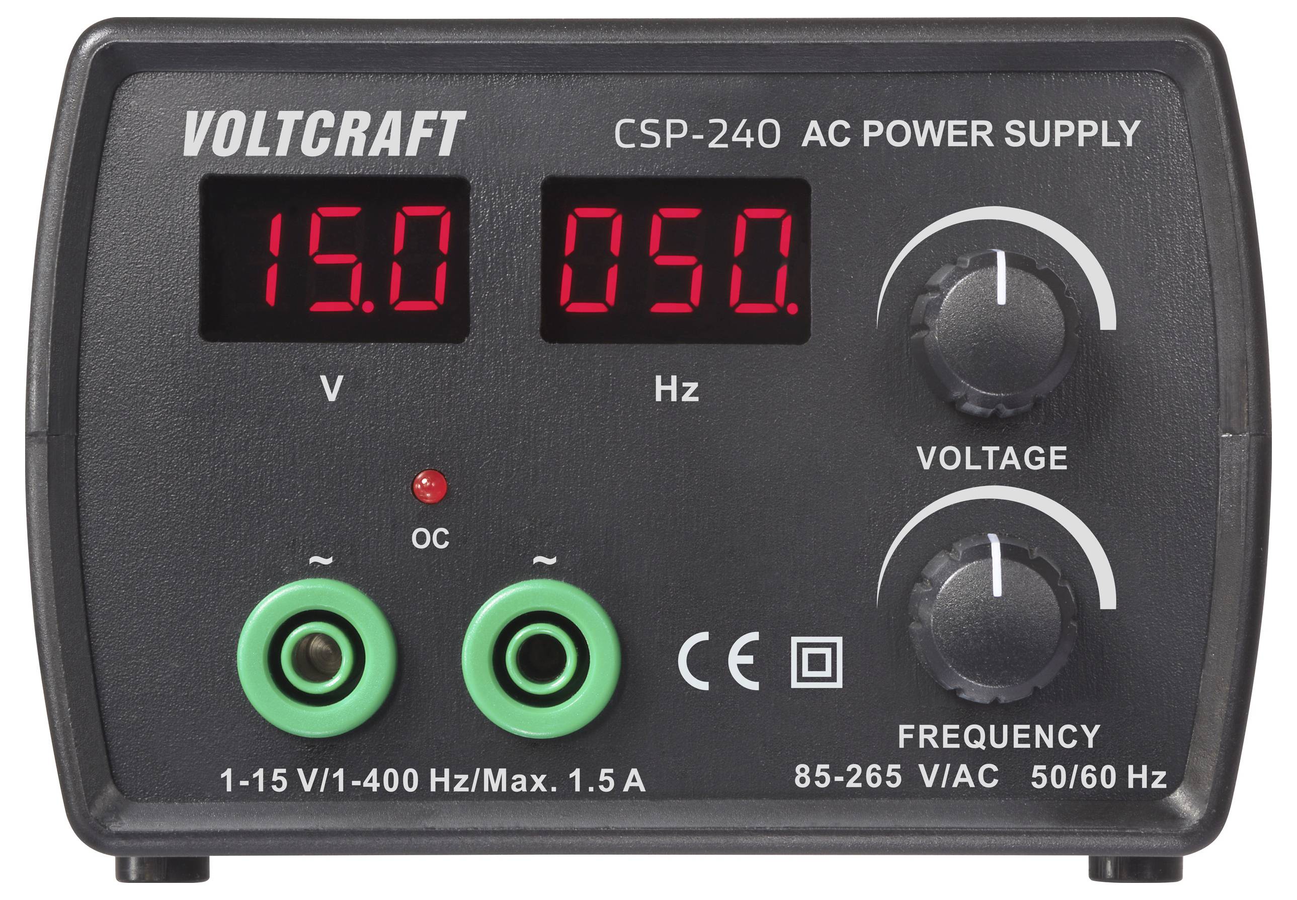 Stromversorgung Frontplatte zeigt '15.0 V' und '050 Hz' an, mit Spannungs- und Frequenzregelungsknöpfen, gekennzeichnet mit 'VOLTCRAFT CSP-240'.