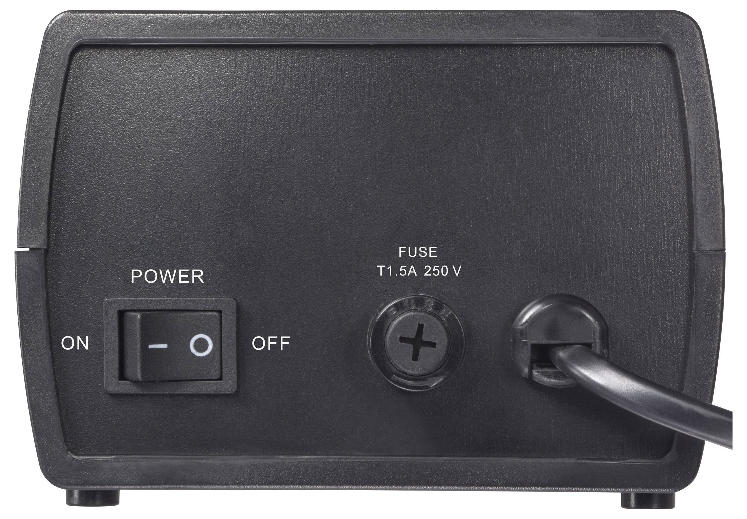 „Rückansicht einer schwarzen Stromversorgungseinheit mit einem Ein-/Ausschalter, einer mit T1.5A 250V beschrifteten Sicherung und einem angeschlossenen Stromkabel.
