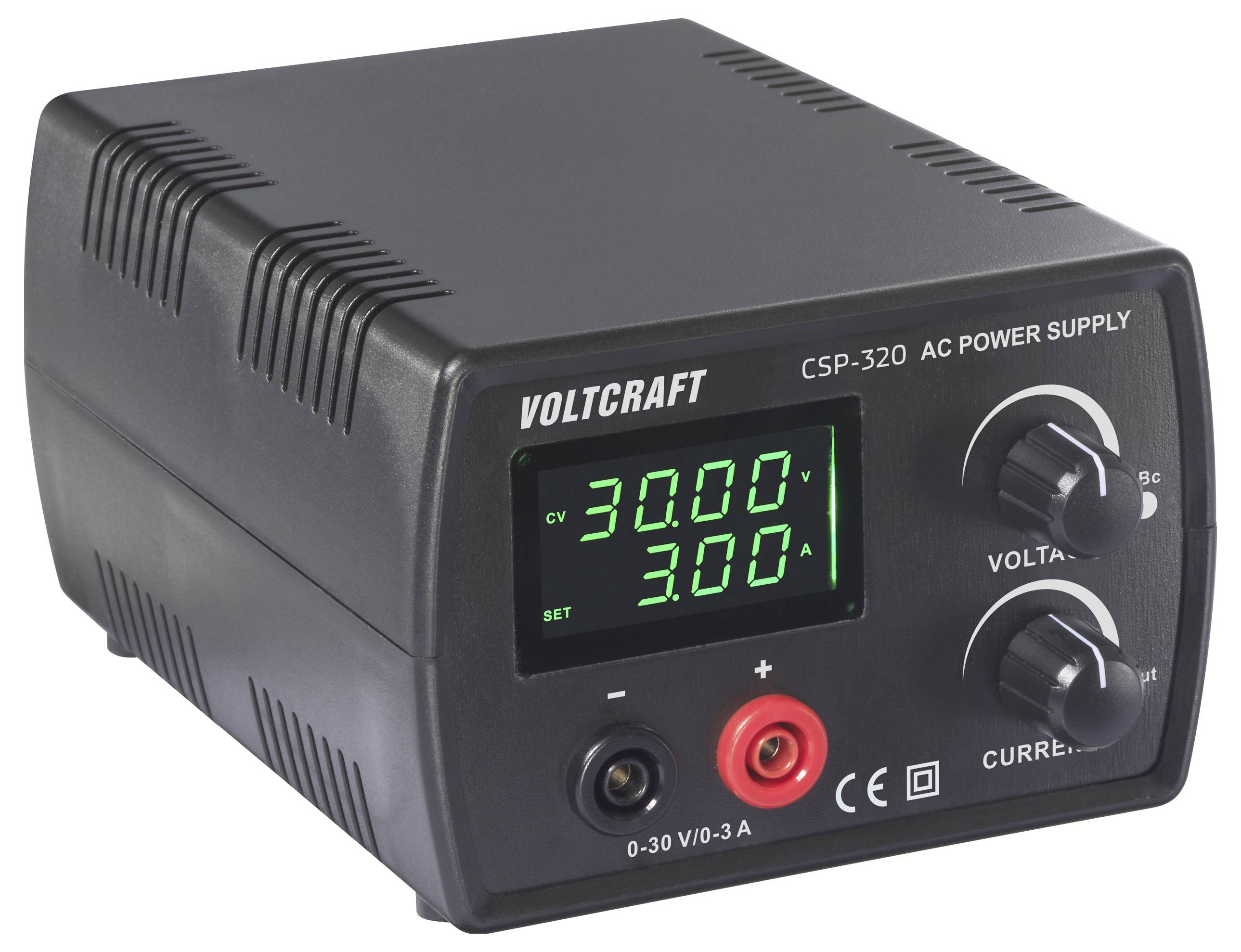 Ein schwarzes Voltcraft CSP-320 AC-Netzteil mit der Anzeige '30.00V' und '3.00A' auf seinem digitalen Display mit Spannungs- und Stromreglern.