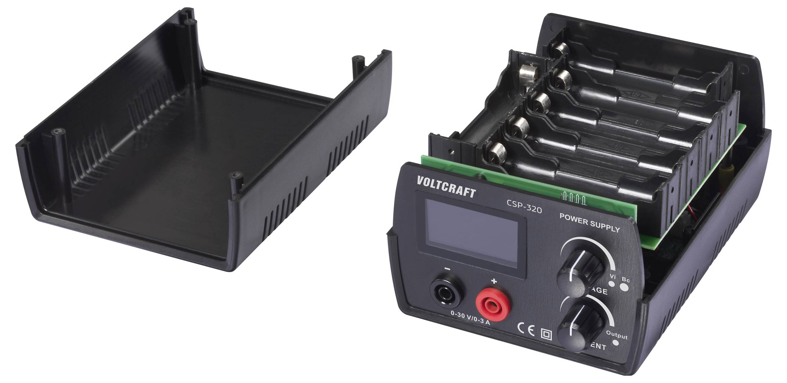 Batterieladegerät mit mehreren Steckplätzen und digitaler Anzeige, zusammen mit seiner abnehmbaren Abdeckung, zum Laden mehrerer AA- oder AAA-Batterien.