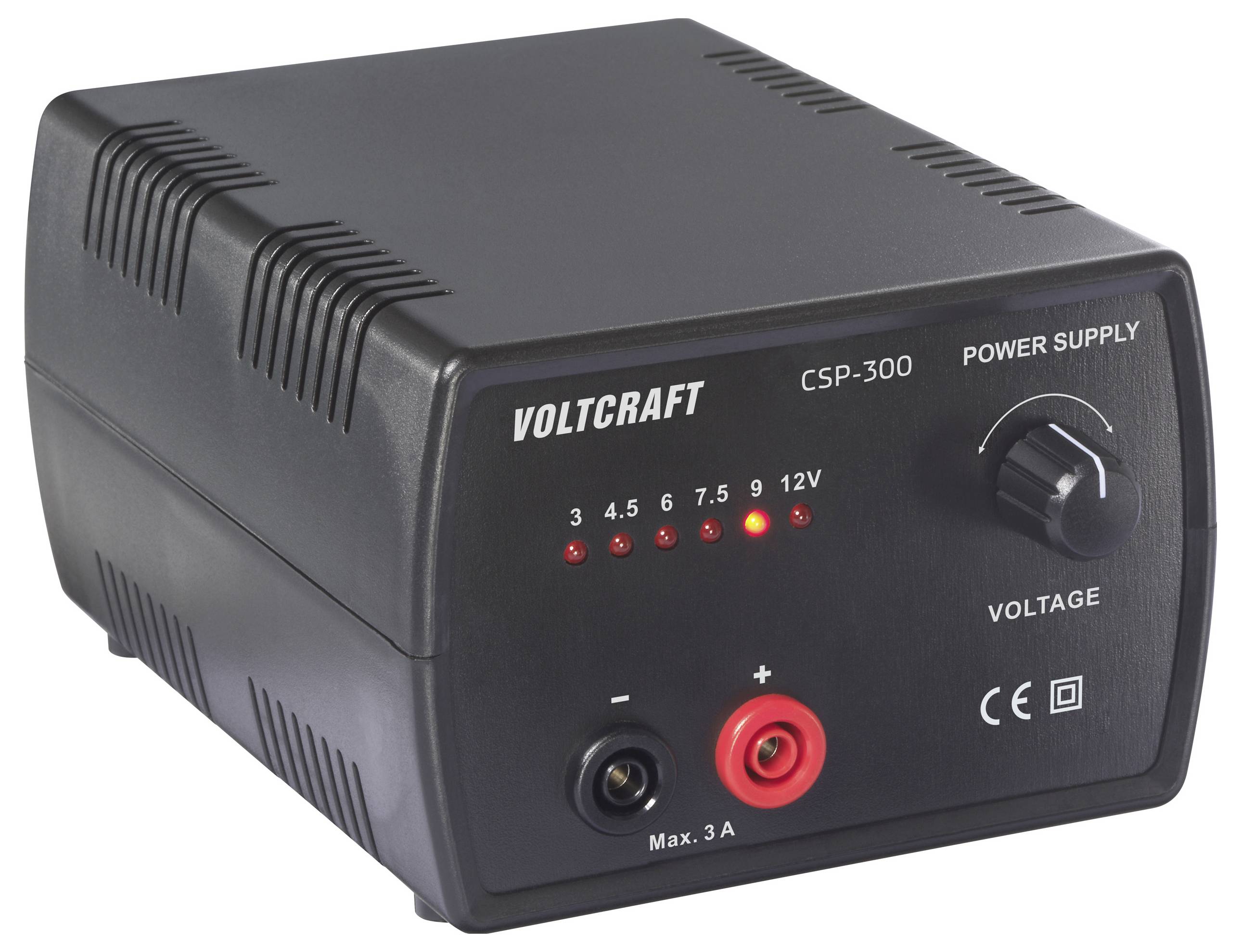 Ein schwarzes Voltcraft CSP-300 Netzteil mit einem Spannungsregler, LED-Anzeigen für verschiedene Spannungsstufen und einer maximalen Ausgangsleistung von 3A.