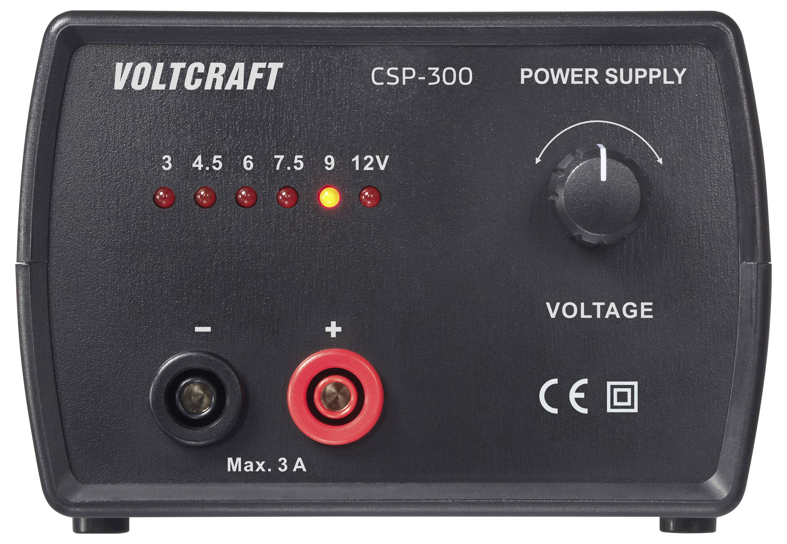 Stromversorgungsgerät mit Spannungsreglungsknopf und Anzeigen für 3 bis 12V. Verfügt über positive und negative Anschlüsse, maximale Ausgangsleistung 3A.
