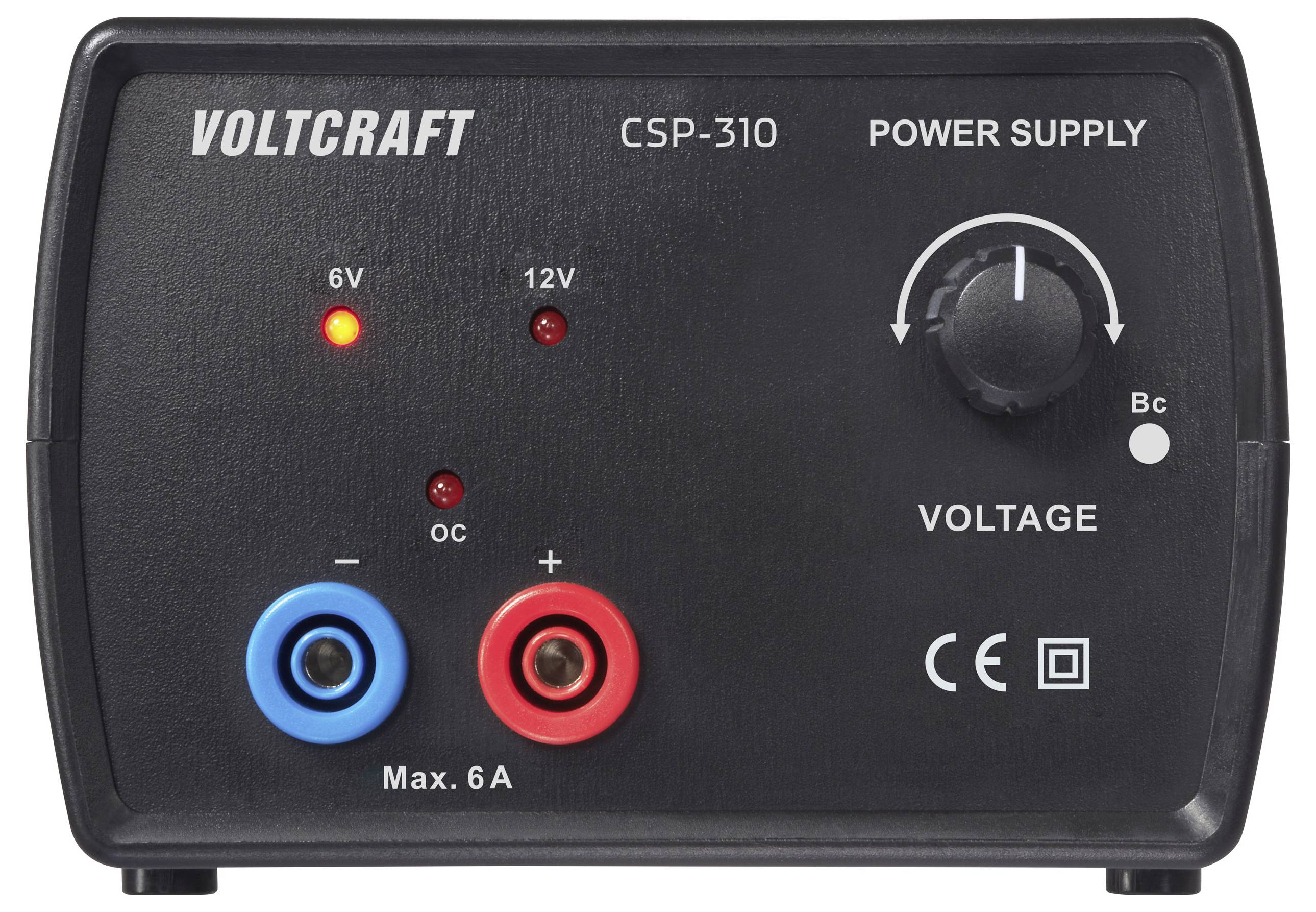 Voltcraft CSP-310 Stromversorgung zeigt Spannungsregler, 6V/12V-Anzeigen, rote und blaue Anschlüsse und verschiedene Sicherheitsetiketten.