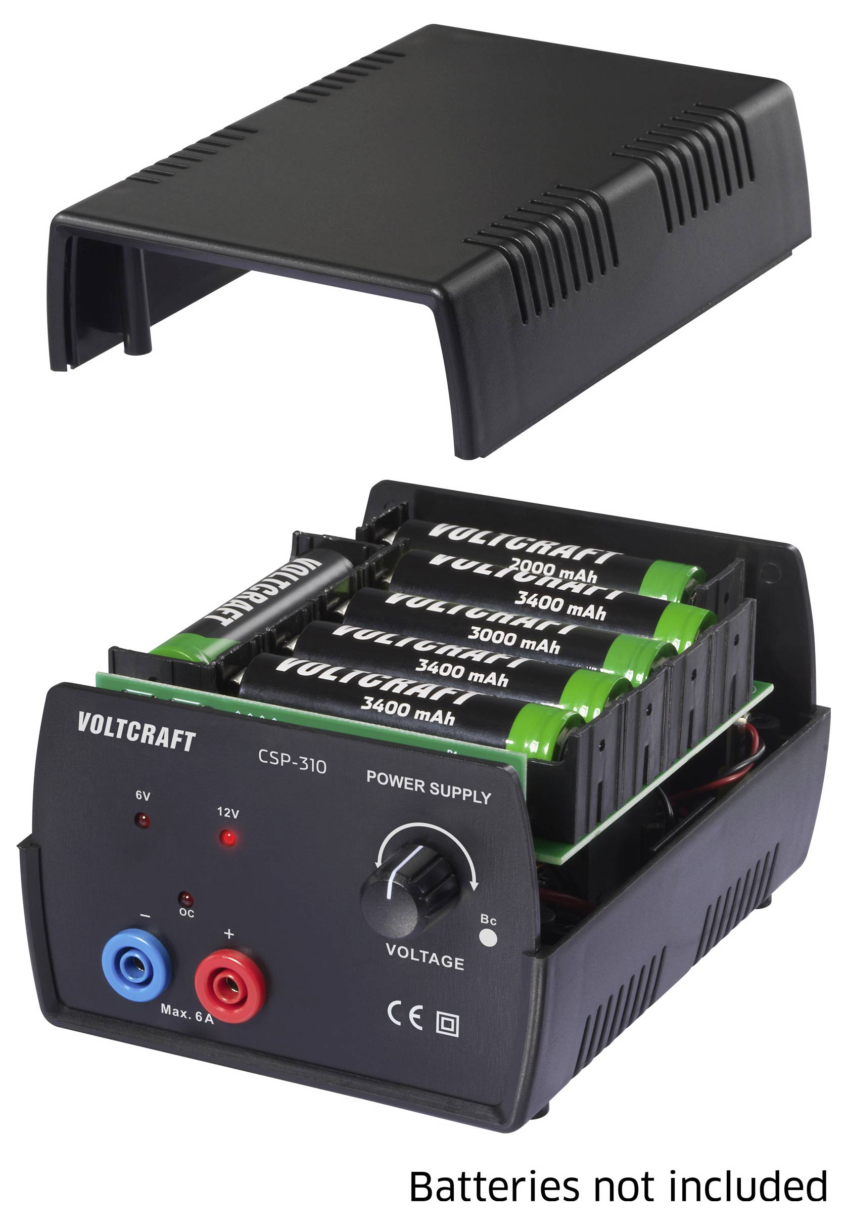 'VOLTCRAFT CSP-310 Stromversorgung', zeigt Batteriefach mit sechs 1,2-V-Akkus (nicht im Lieferumfang enthalten) und Kunststoffabdeckung.