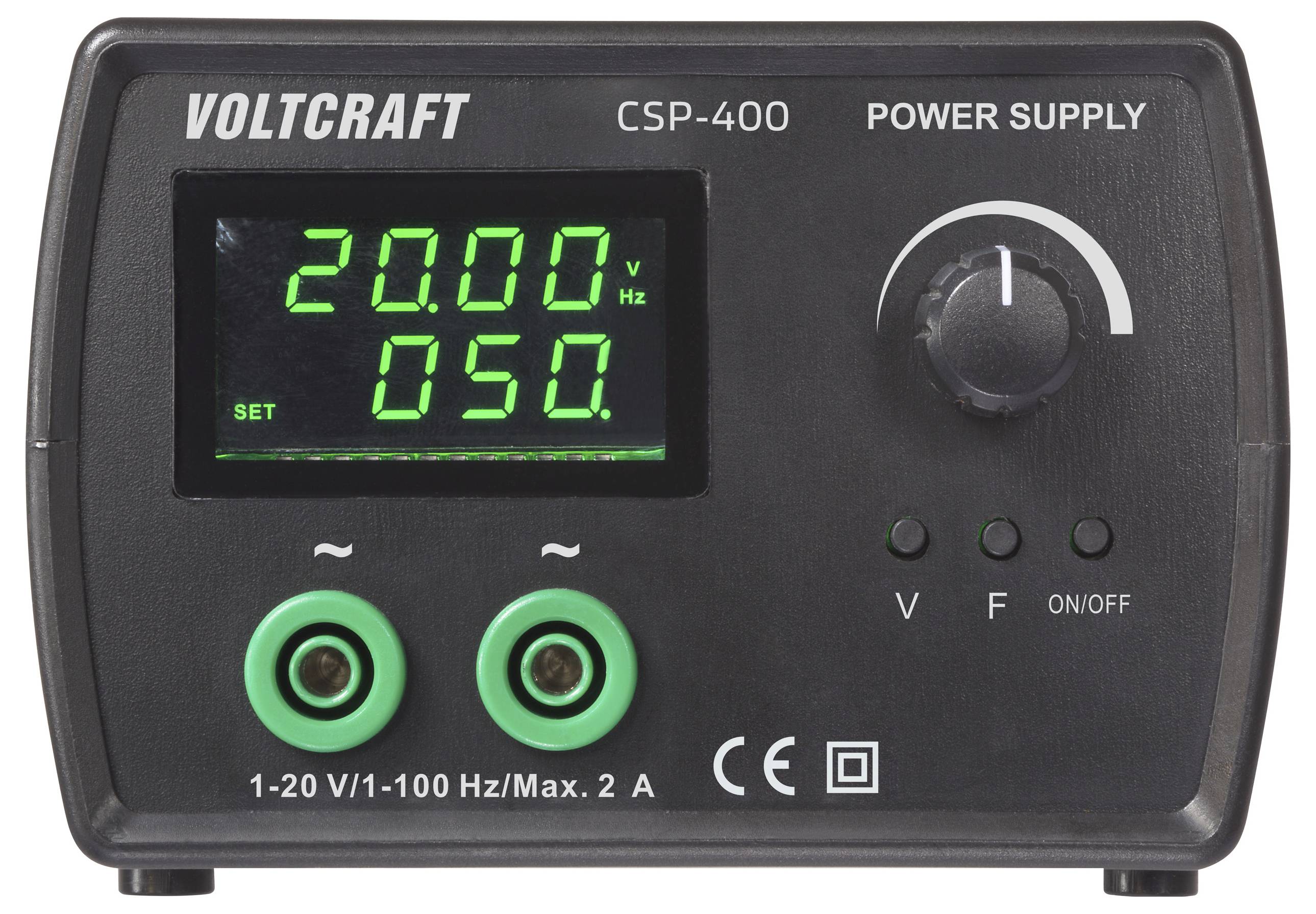 Eine digitale Stromversorgungseinheit mit der Anzeige '20,00 Hz' und '050' Einstellungen. Die Steuerelemente umfassen ein Drehregler und Tasten für Stromversorgung, Spannung (V) und Frequenz (F).