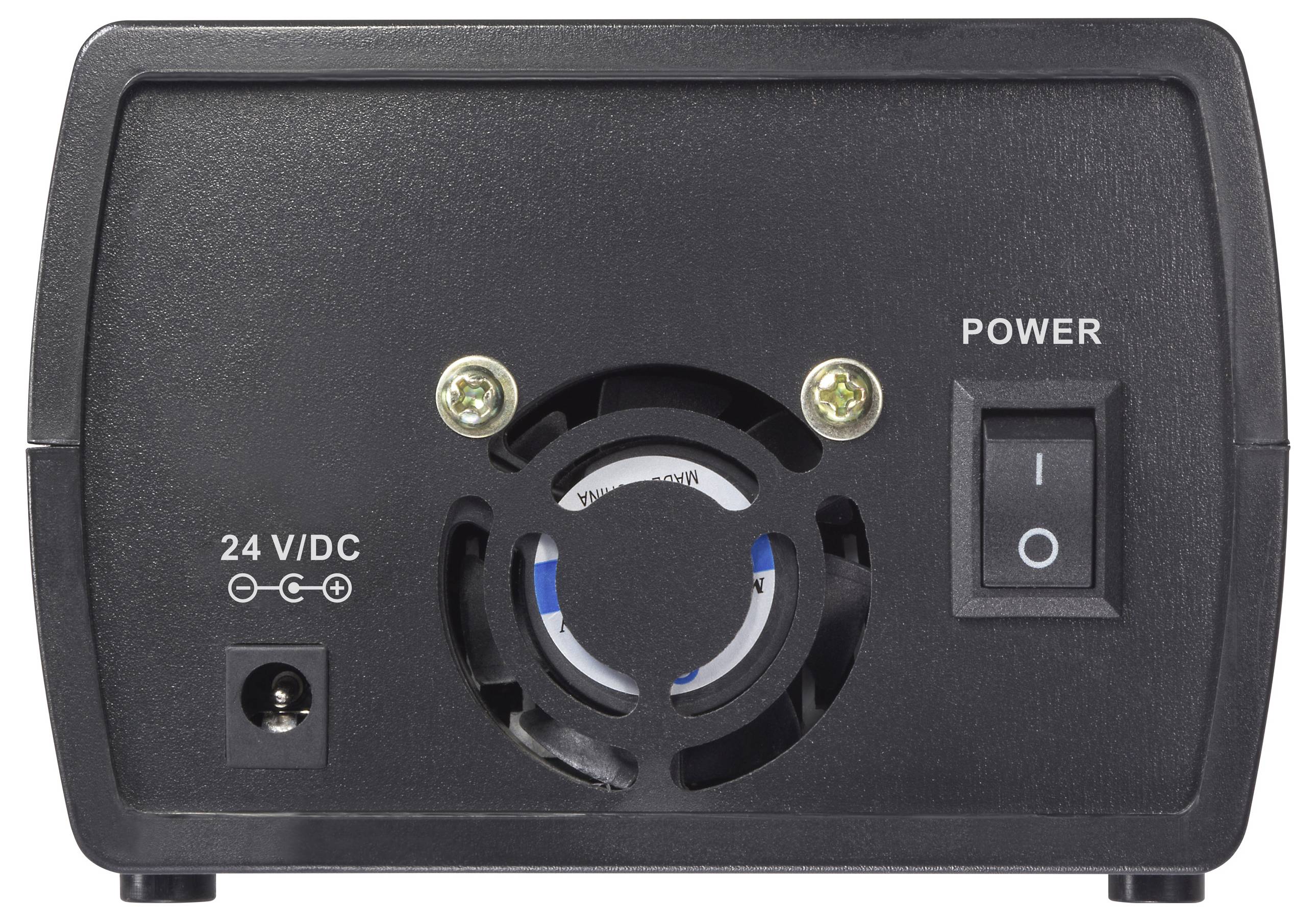 Ein schwarzes rechteckiges elektronisches Gerät mit einem Schalter mit der Beschriftung „POWER
