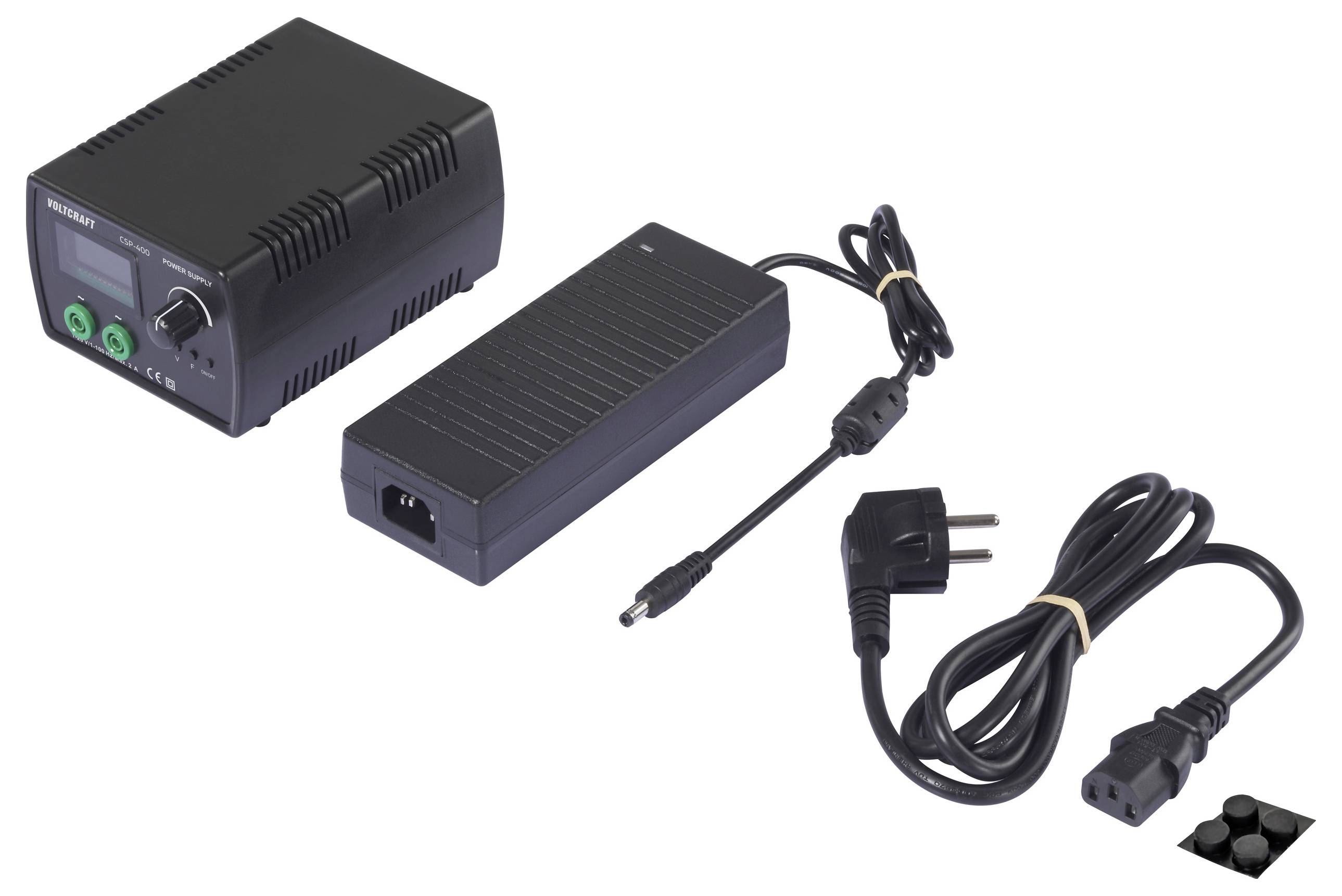 Die Stromversorgungskomponenten umfassen eine Spannungsregeleinheit, einen rechteckigen Netzteil mit angebrachtem Kabel und ein abnehmbares Stromkabel.