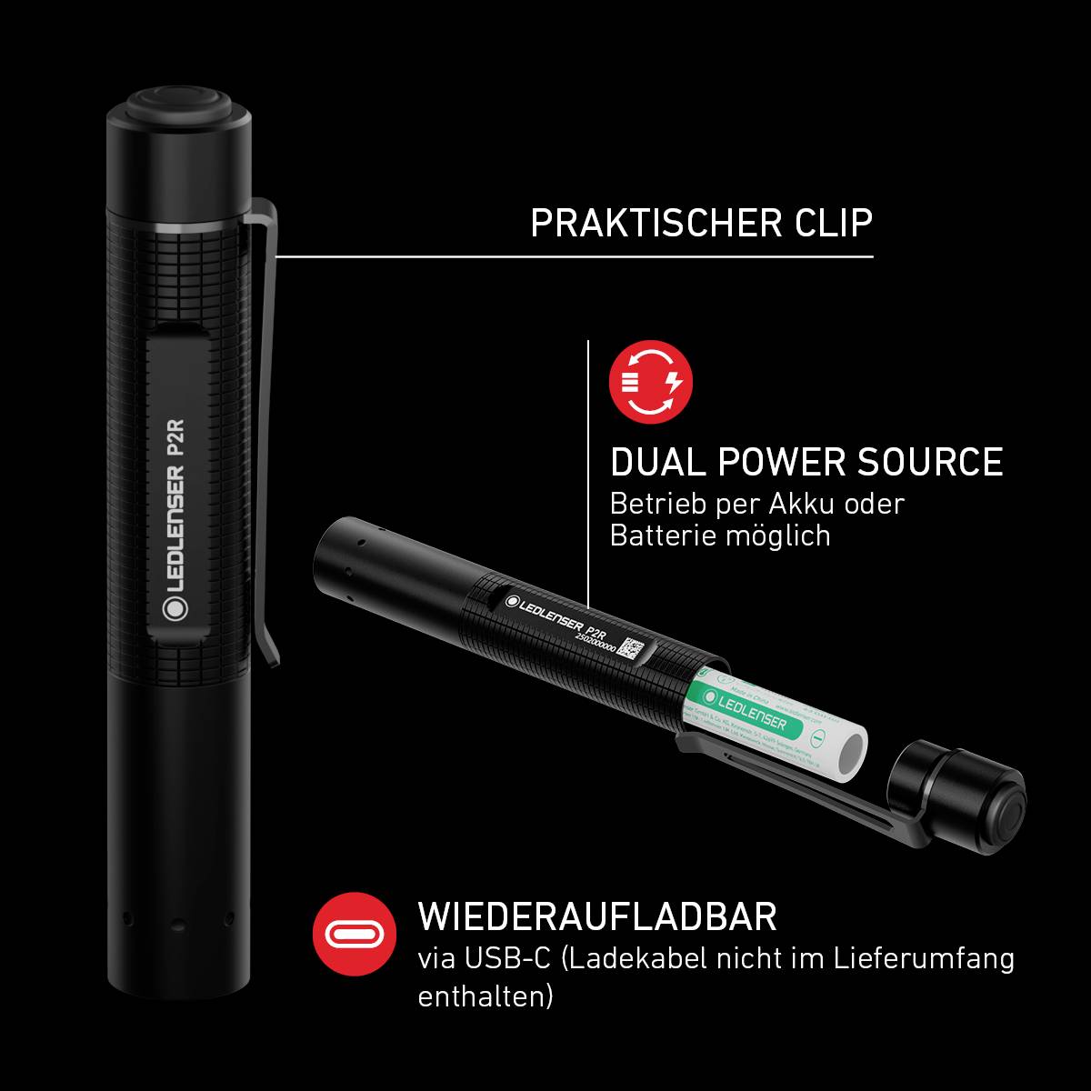 Taschenlampe mit praktischem Clip, Dual Power Option für Akku oder Batterie. Wiederaufladbar via USB-C (Ladekabel nicht enthalten).